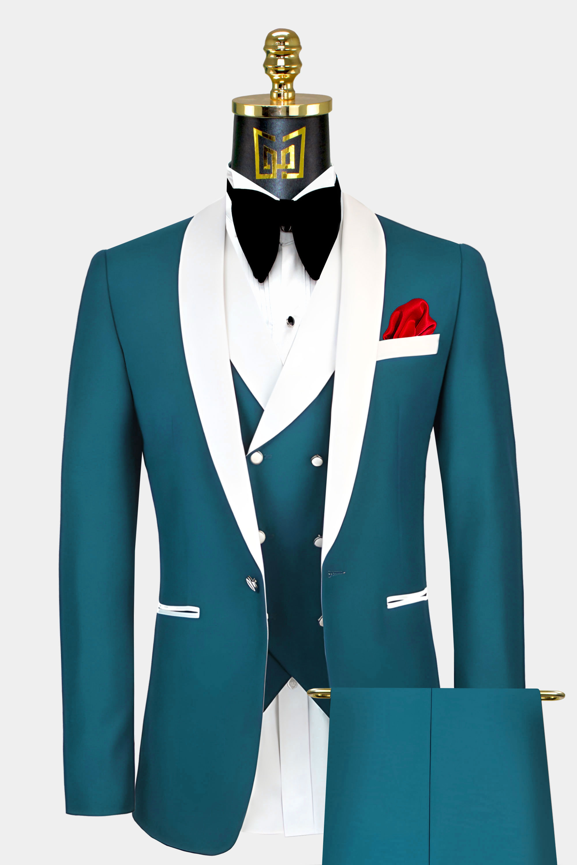 Teal Blue Tuxedo with White Trim - 3 Piece-