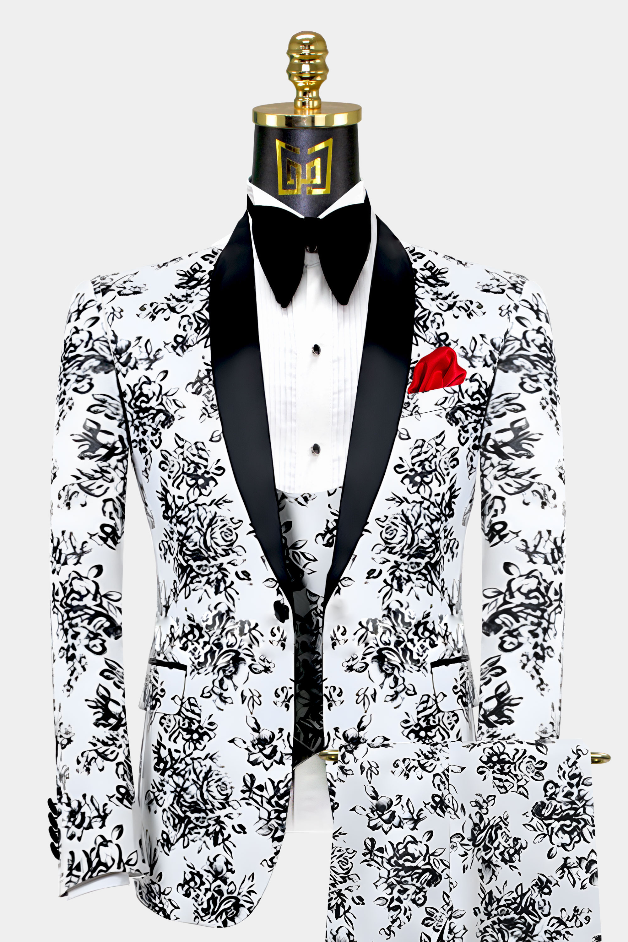 White & Black Tuxedo with Floral Print - 3 Piece