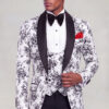 White and black floral tuxedo jacket and double-breasted vest styled with solid black trousers from Gentleman's Guru