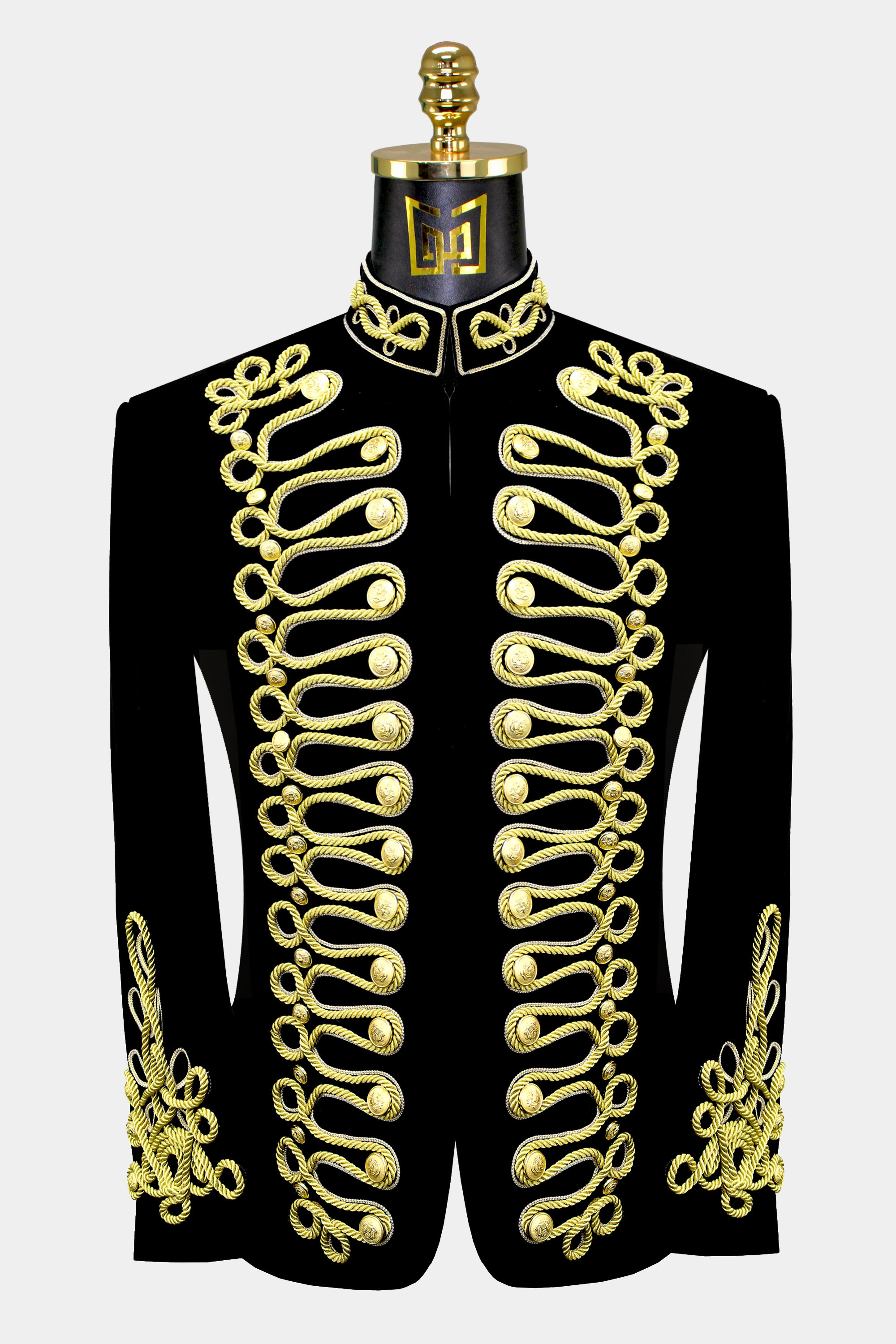 Black & Gold Velvet Embroidered Mandarin Collar Jacket