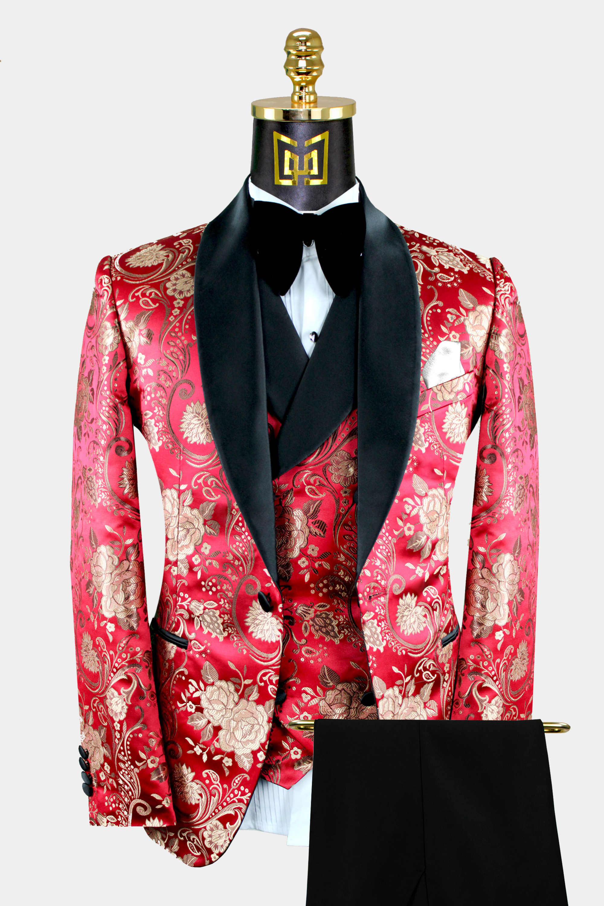 Ruby Red & Gold Floral Tuxedo - 3 Piece