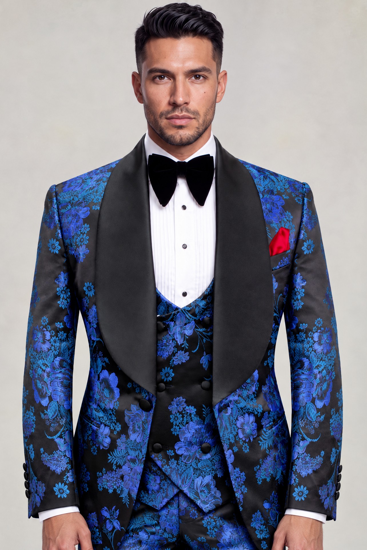 Black and royal blue floral three-piece tuxedo with wide black satin shawl lapels