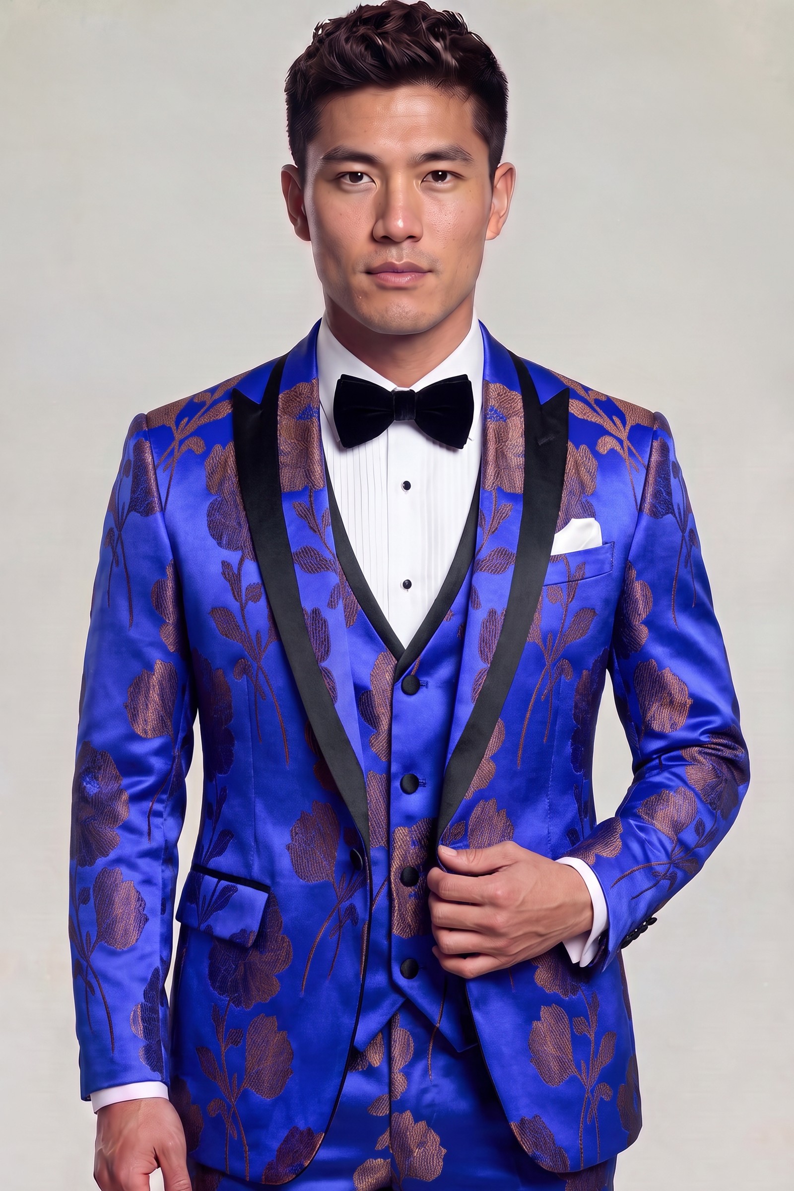 Asian model wearing a bronze floral royal blue three-piece tuxedo with two-tone peak lapels
