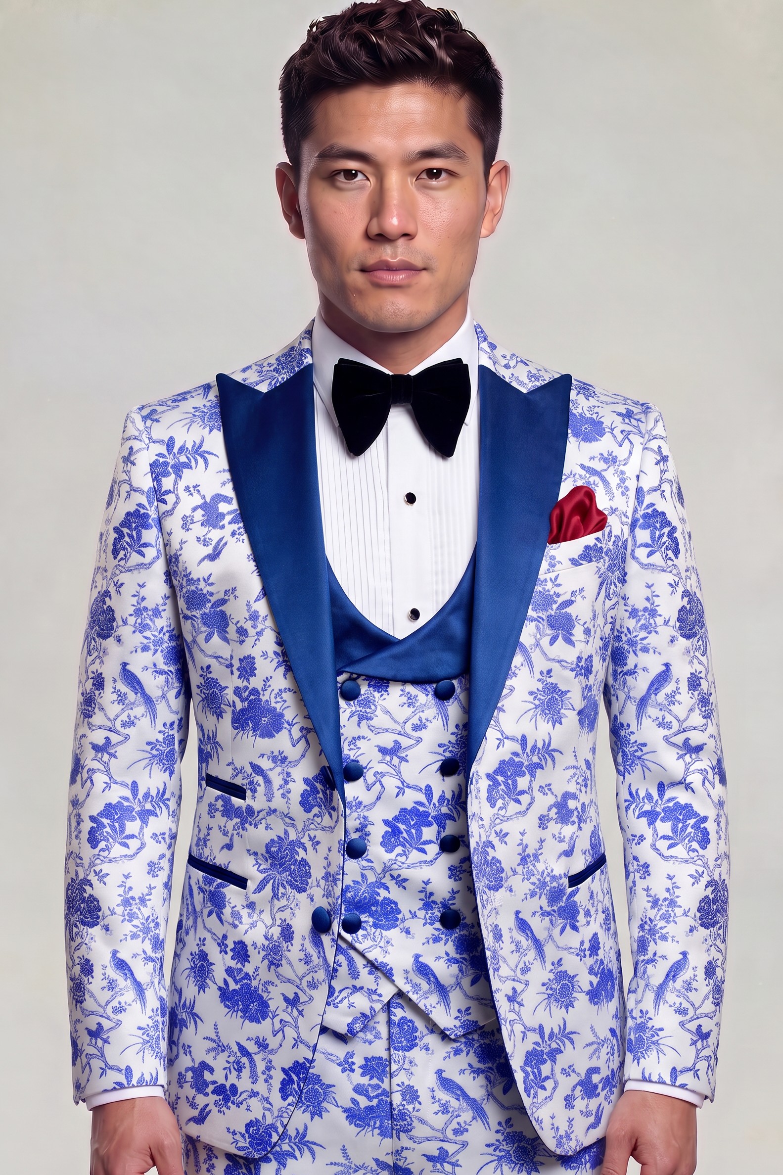 Front portrait of an electric blue floral three-piece tuxedo with blue satin peak lapels