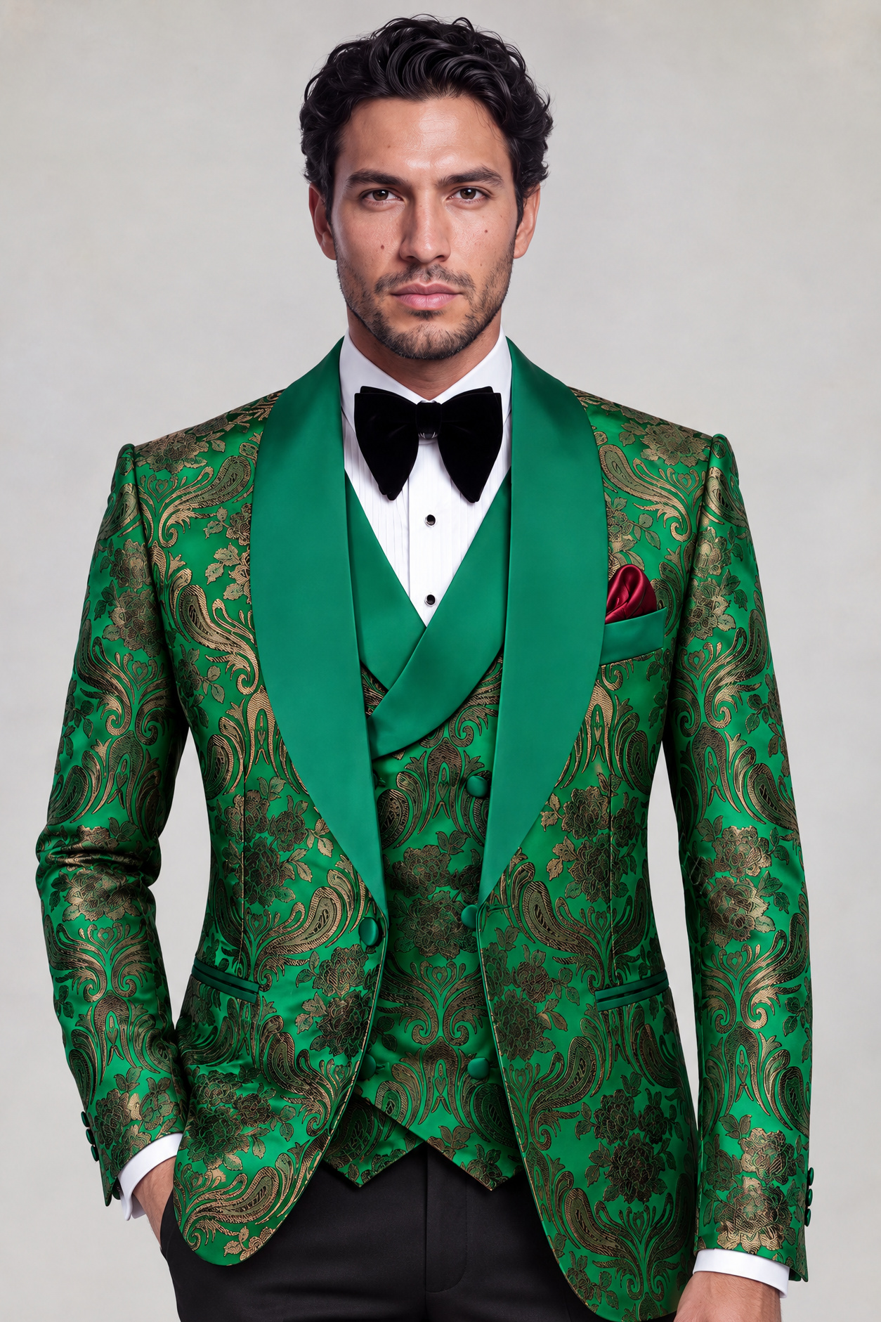 Green Floral Tuxedo Black Trousers Jacket Length Portrait from Gentlemansguru.com