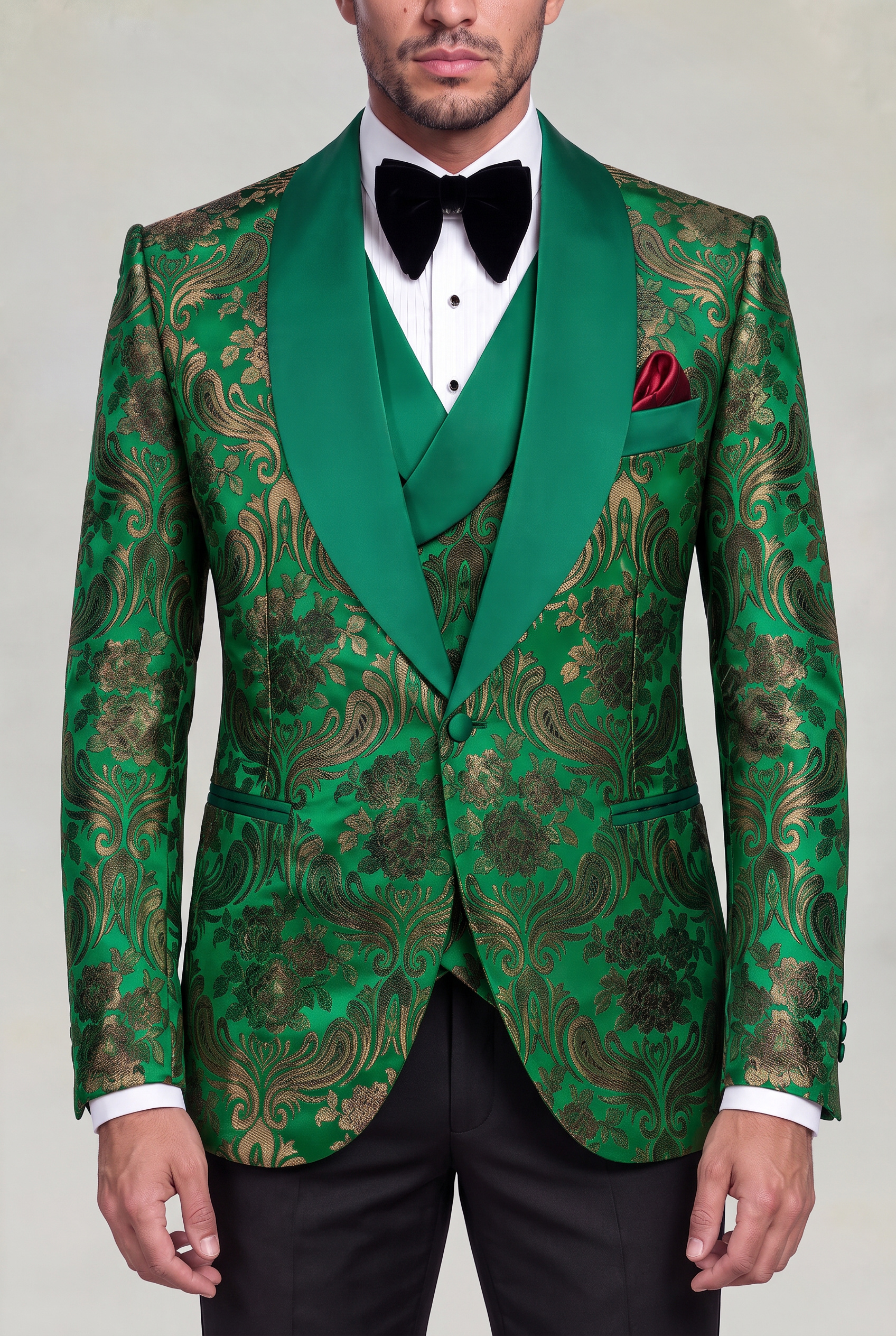 Green Floral Tuxedo Shawl Lapel and Curved Jacket Opening Detail from Gentlemansguru.com