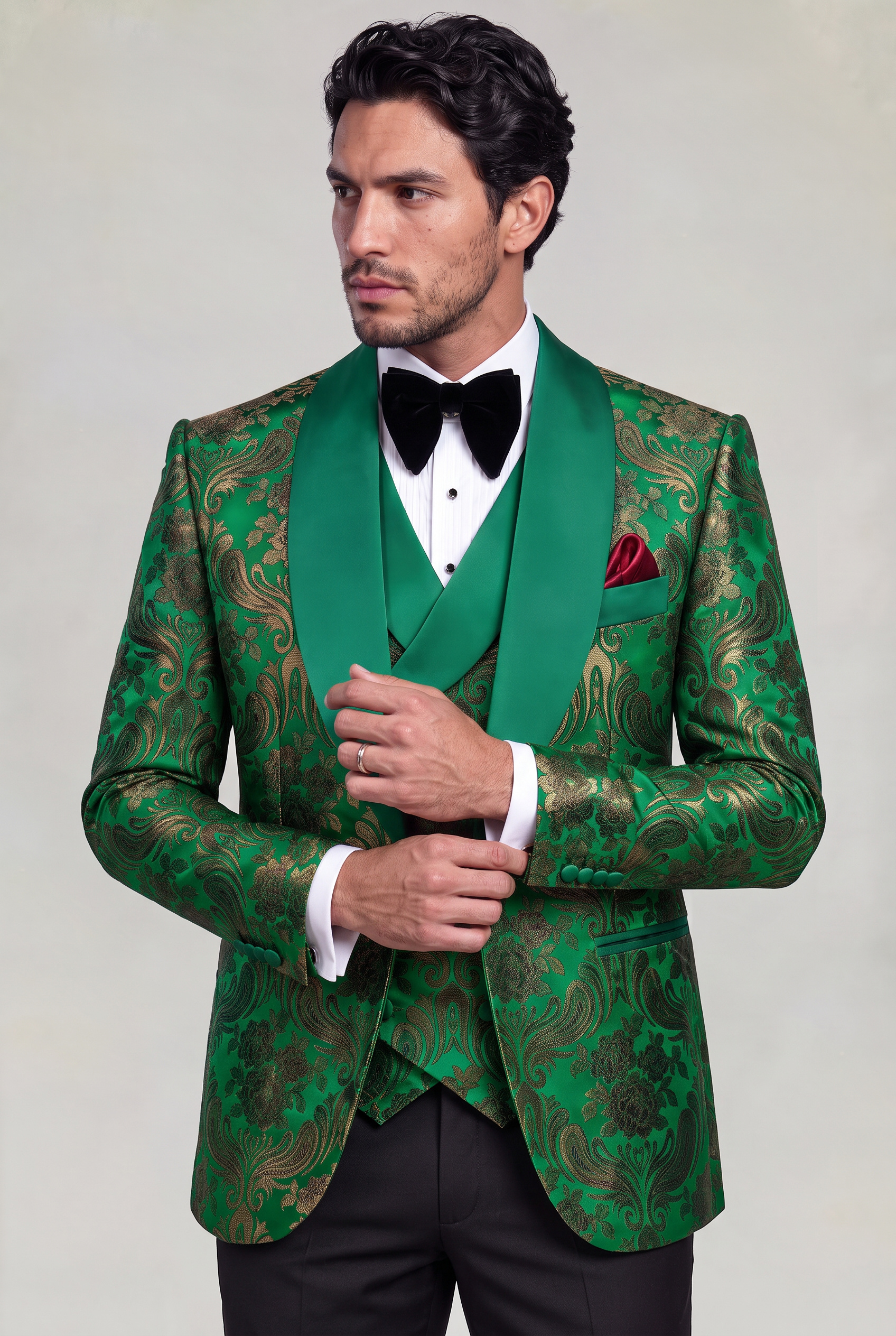 Green Floral Tuxedo Three Quarter Cuff Adjustment Portrait from Gentlemansguru.com