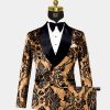 Double Breasted Black & Gold Velvet Damask Tuxedo - 3 Piece