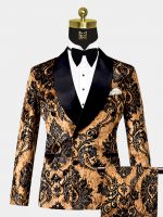 Double Breasted Black & Gold Velvet Damask Tuxedo - 3 Piece
