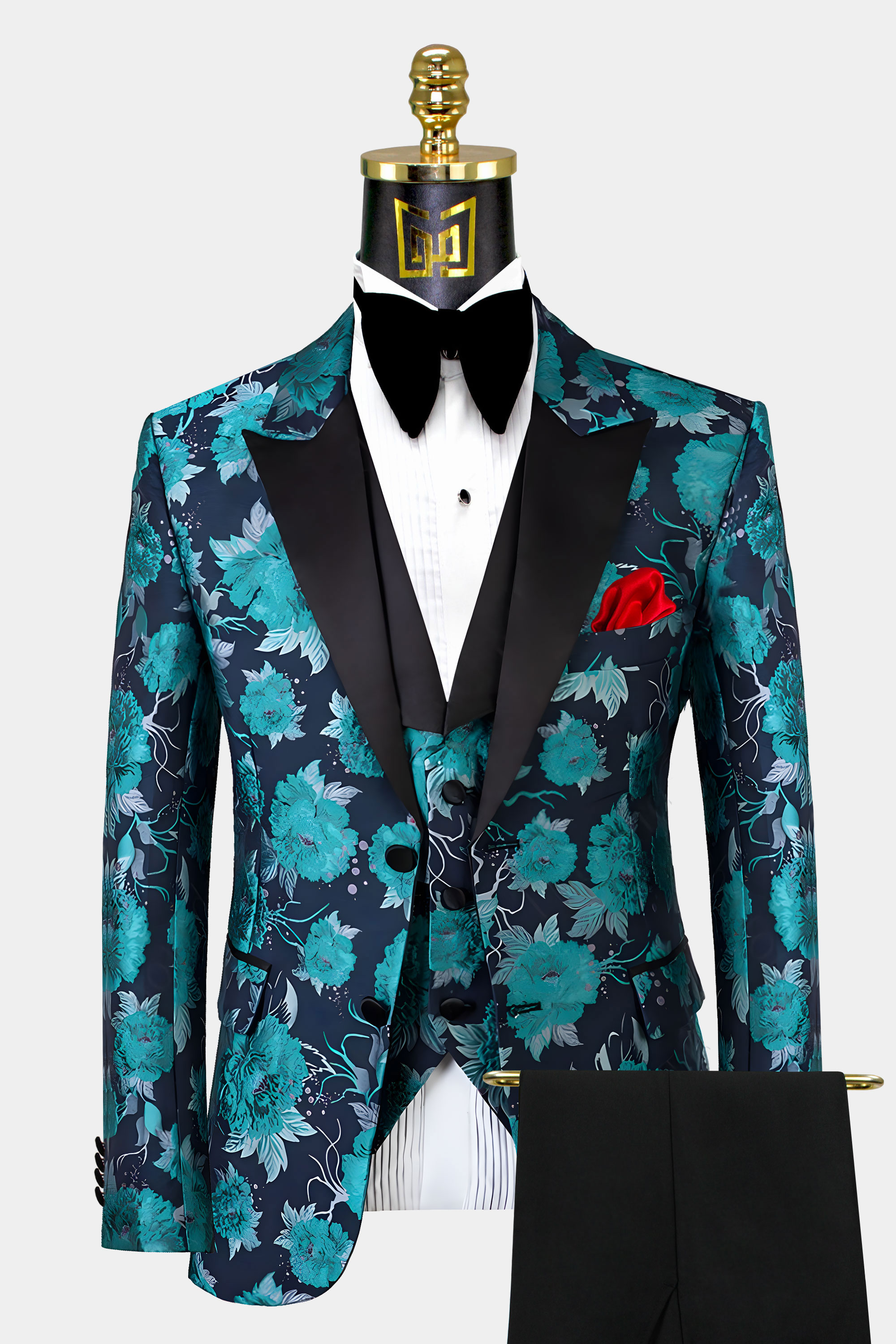 Black & Turquoise Floral Tuxedo - 3 Piece