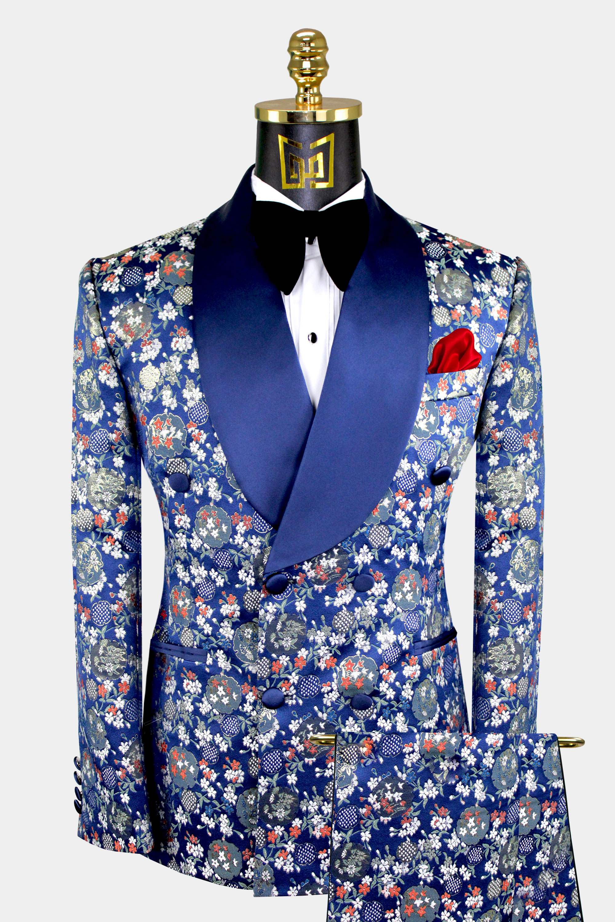 Double Breasted Navy Blue Floral Tuxedo - 3 Piece