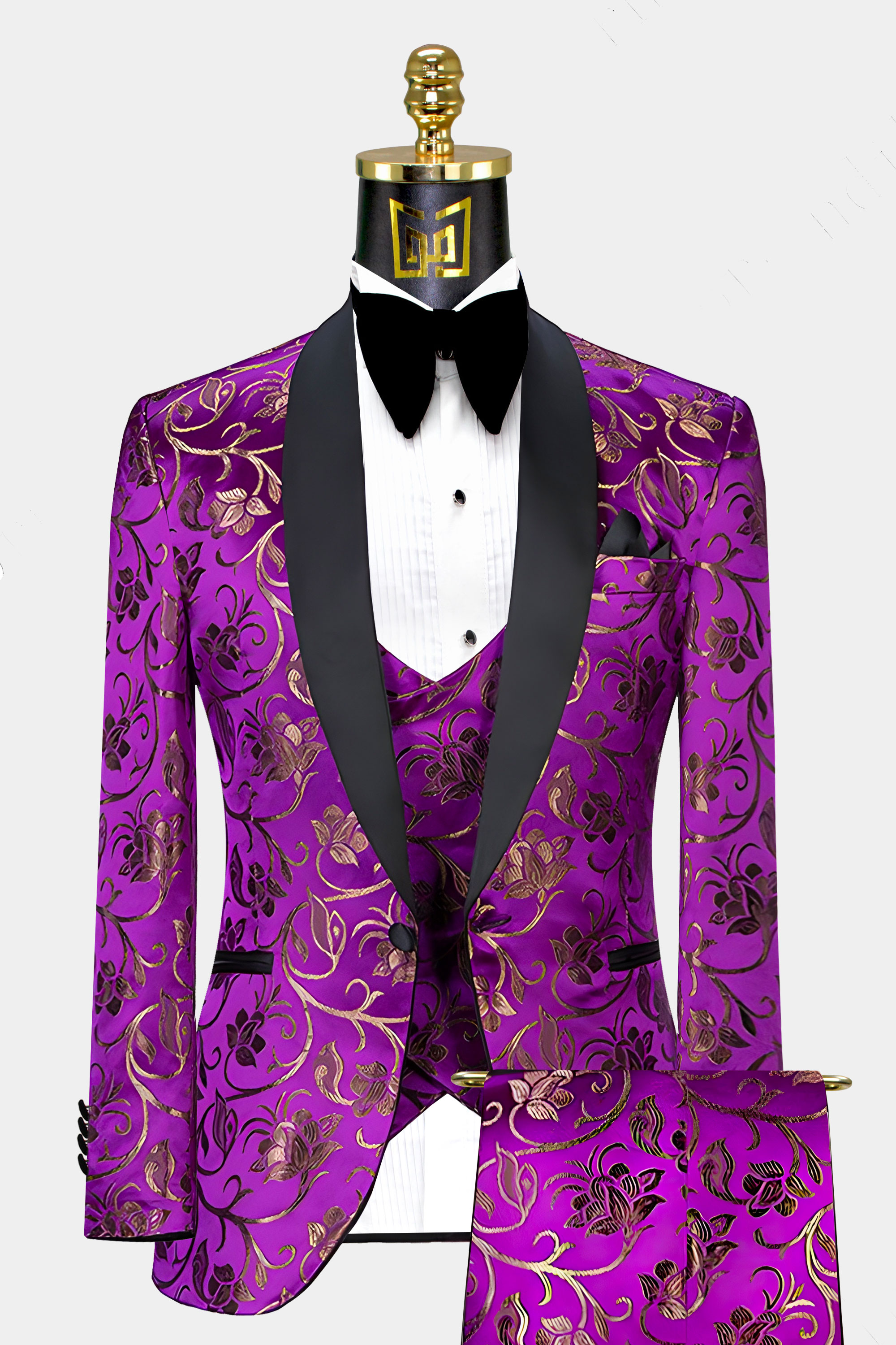 Royal Purple & Gold Floral Tuxedo - 3 Piece