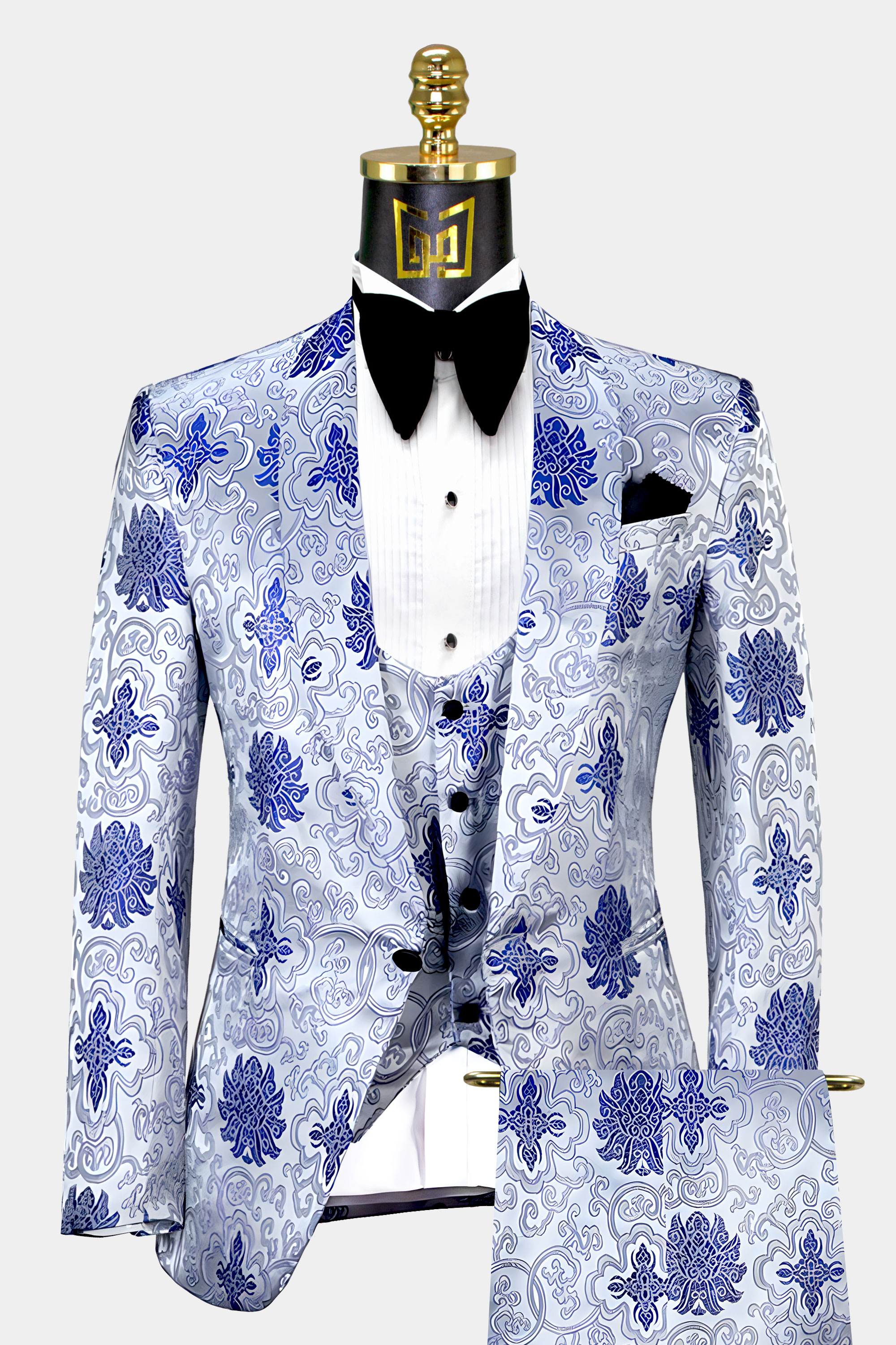 Royal Blue & Silver Porcelain Print Tuxedo - 3 Piece