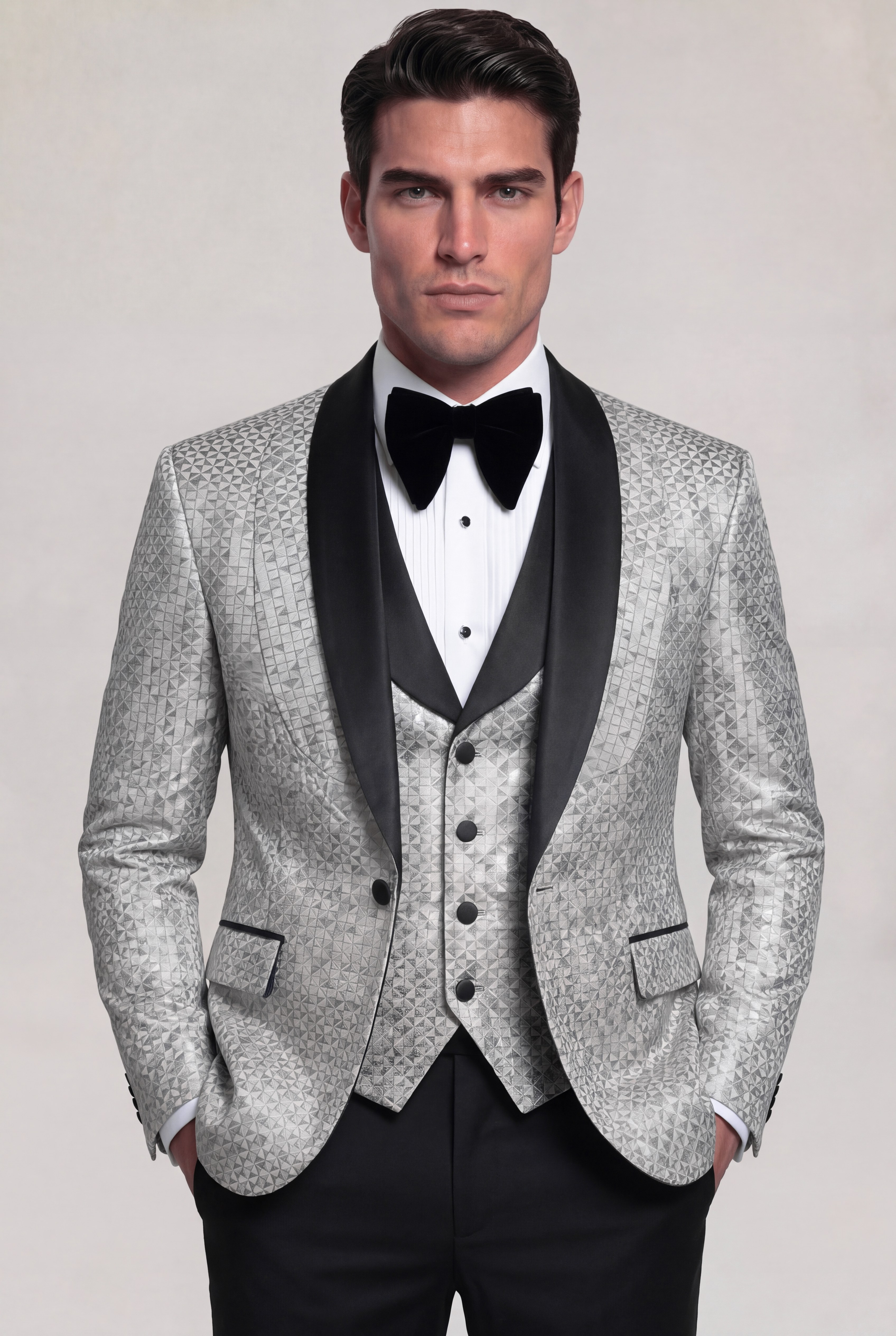 Man wearing a silver grey mosaic three-piece tuxedo with black trousers – front pockets
