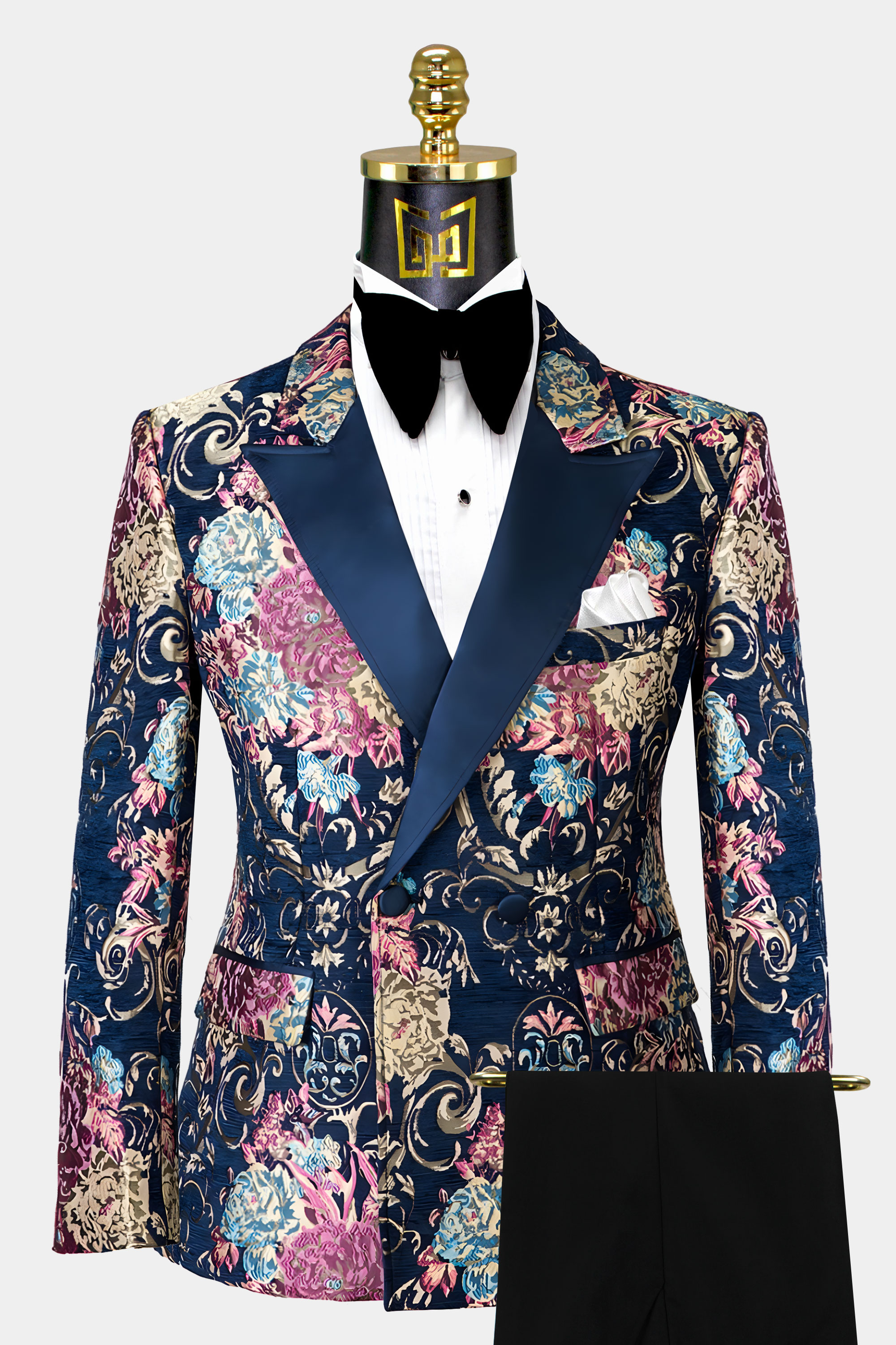 Double Breasted Navy Blue & Gold Floral Tuxedo - 3 Piece