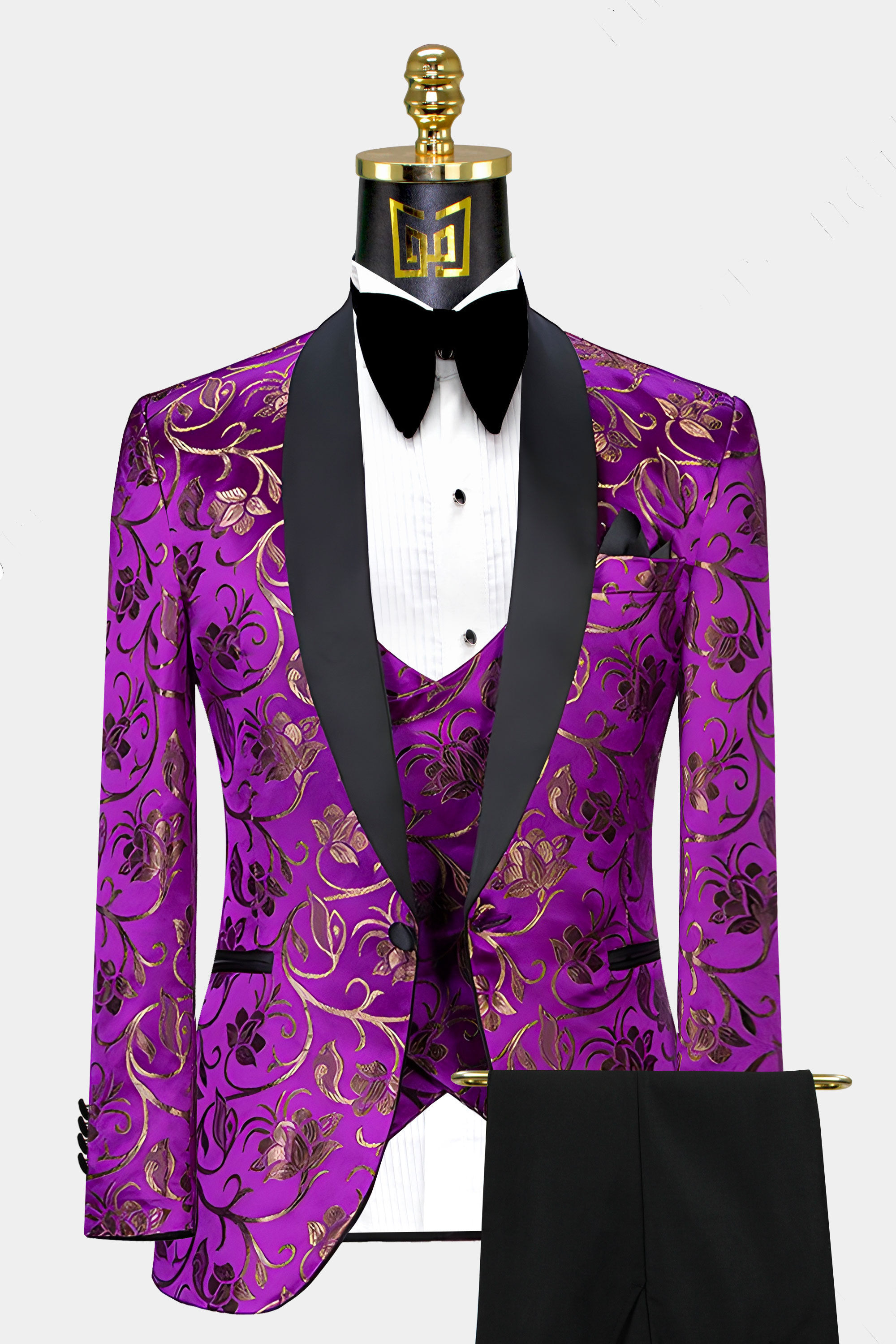 Jacquard Floral Suits for Men Wedding Black Gold Jacket Black Pant