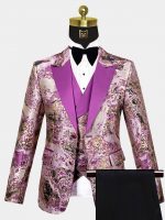 Purple & Gold Abstract Print Tuxedo - 3 Piece