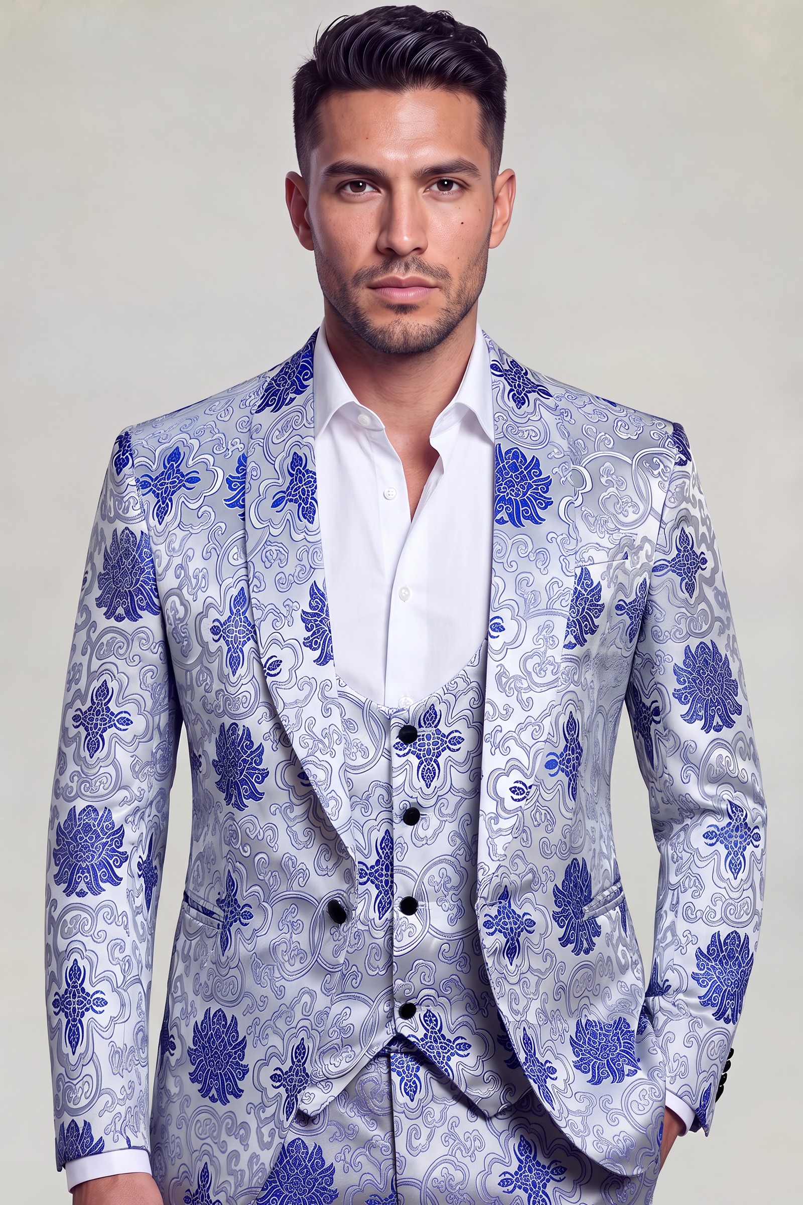Royal blue and silver porcelain-print three-piece tuxedo with patterned shawl lapels and open white shirt
