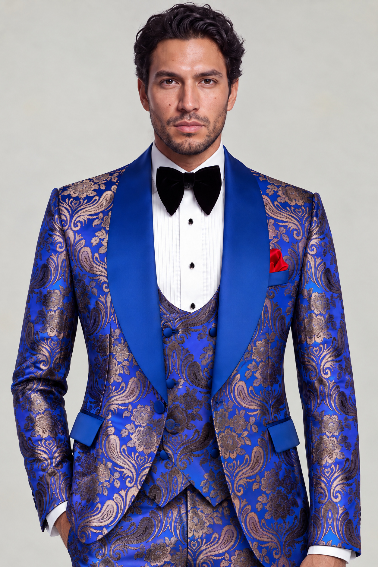 Royal Blue Tuxedo Matching Trousers Jacket Length Portrait from Gentlemansguru.com