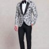 Silver floral tuxedo with plain black dress trousers, full length