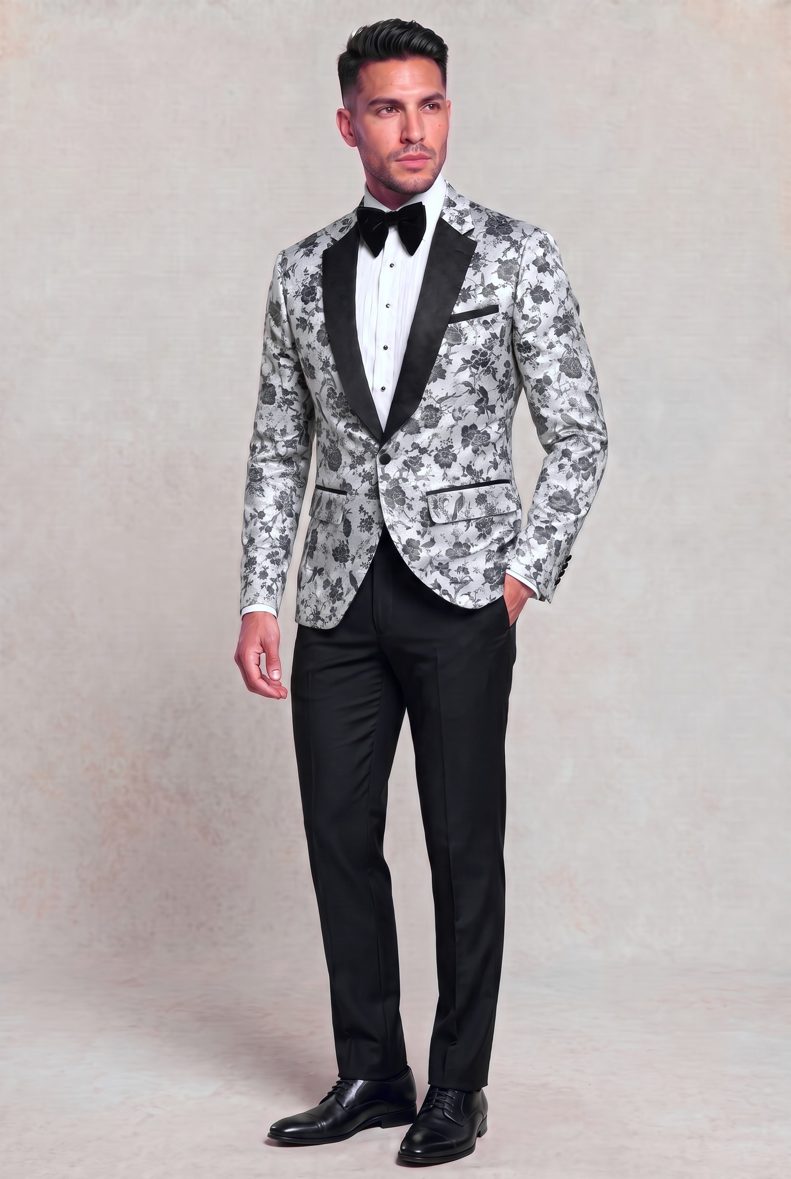 Silver floral tuxedo with plain black dress trousers, full length