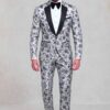 Silver floral three-piece tuxedo with matching patterned trousers, full length