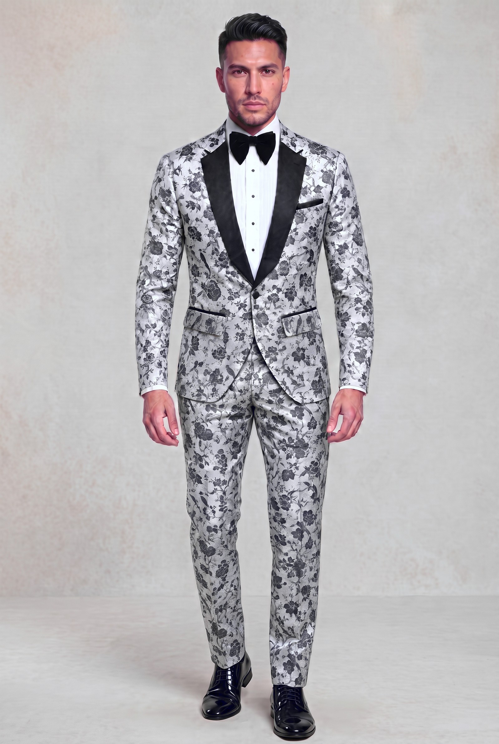 Silver floral three-piece tuxedo with matching patterned trousers, full length