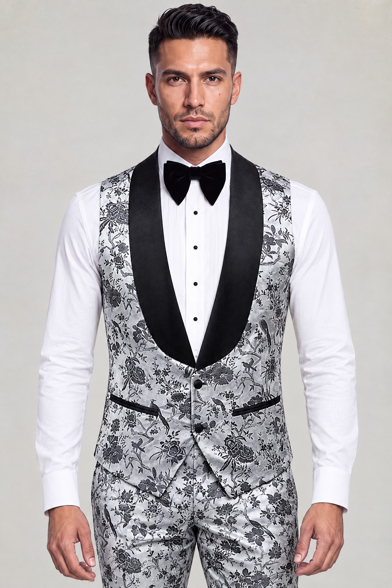 Silver floral two-button vest with a deep satin shawl collar