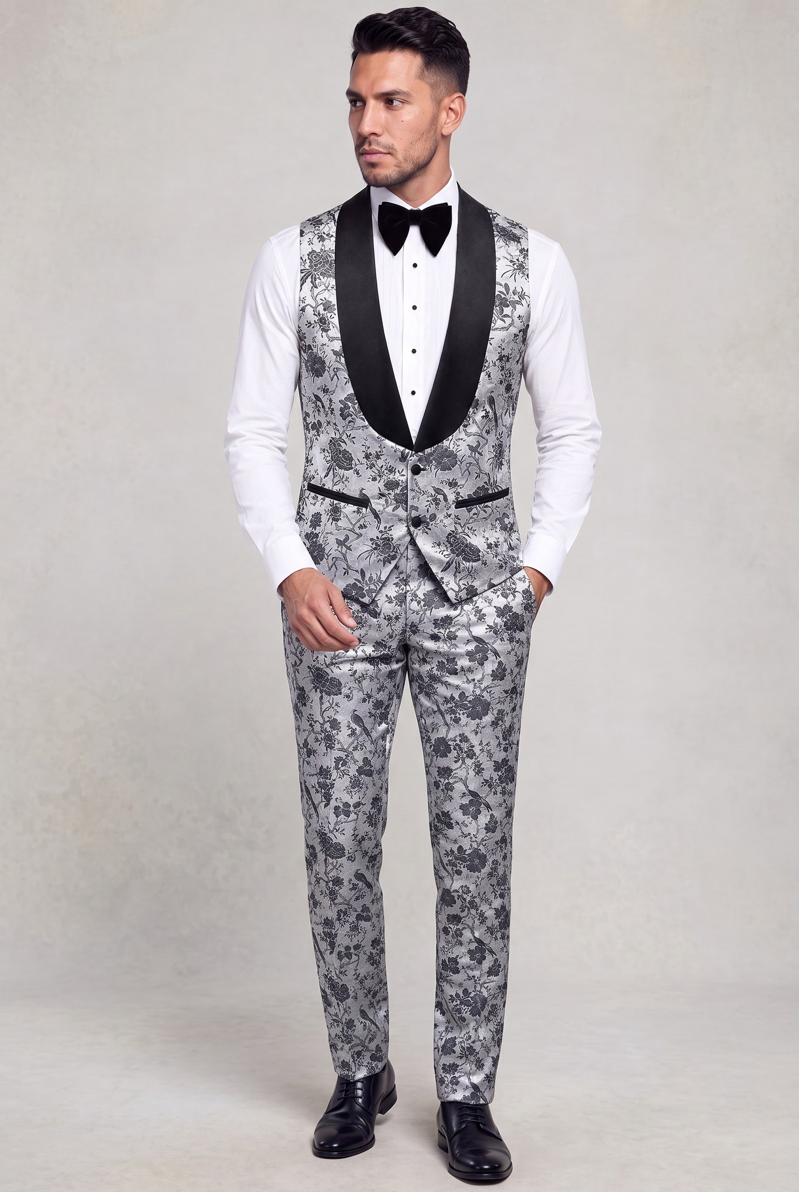 Silver floral vest and matching trousers shown full length
