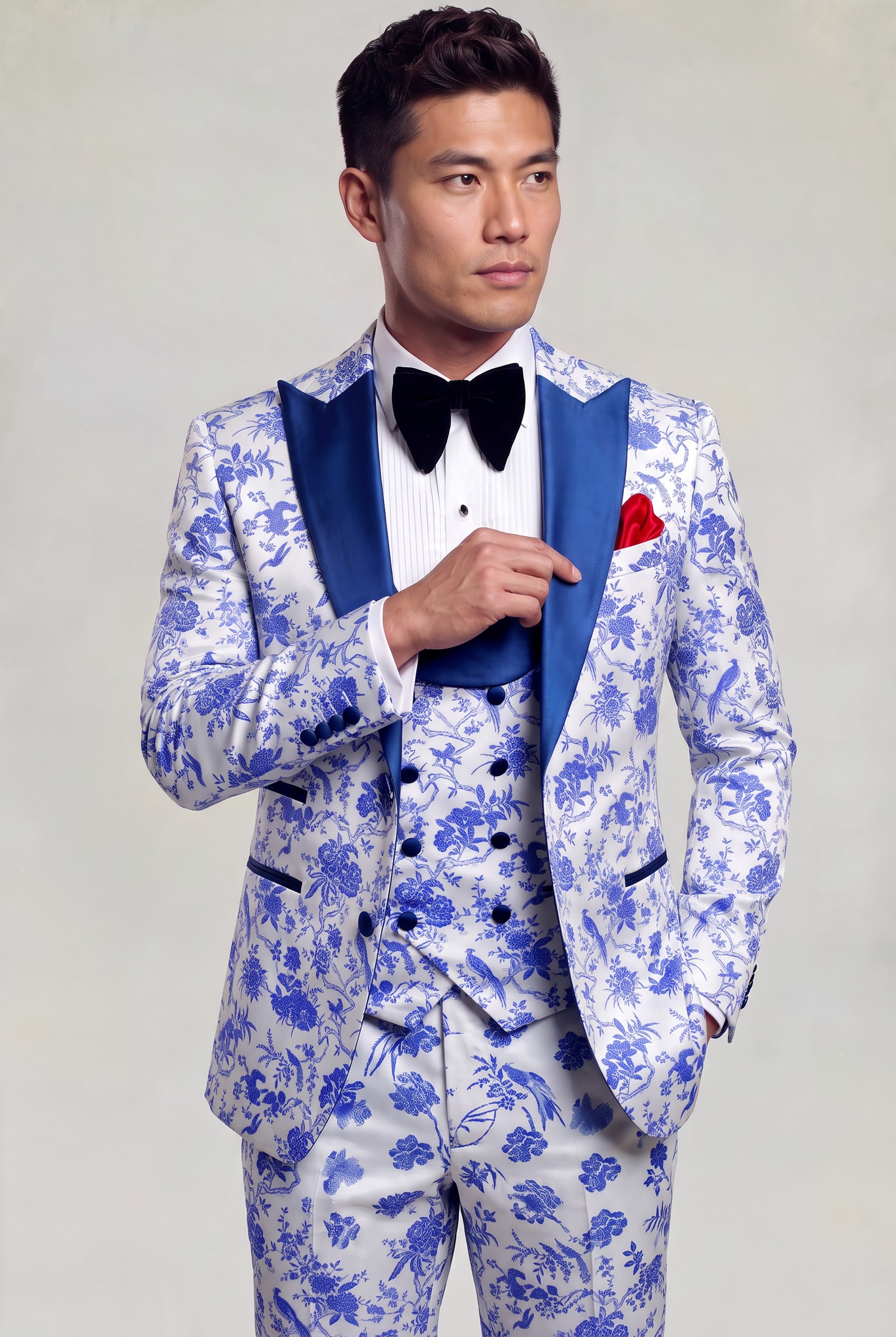 White and electric blue floral tuxedo jacket with matching trousers in a stylish pose