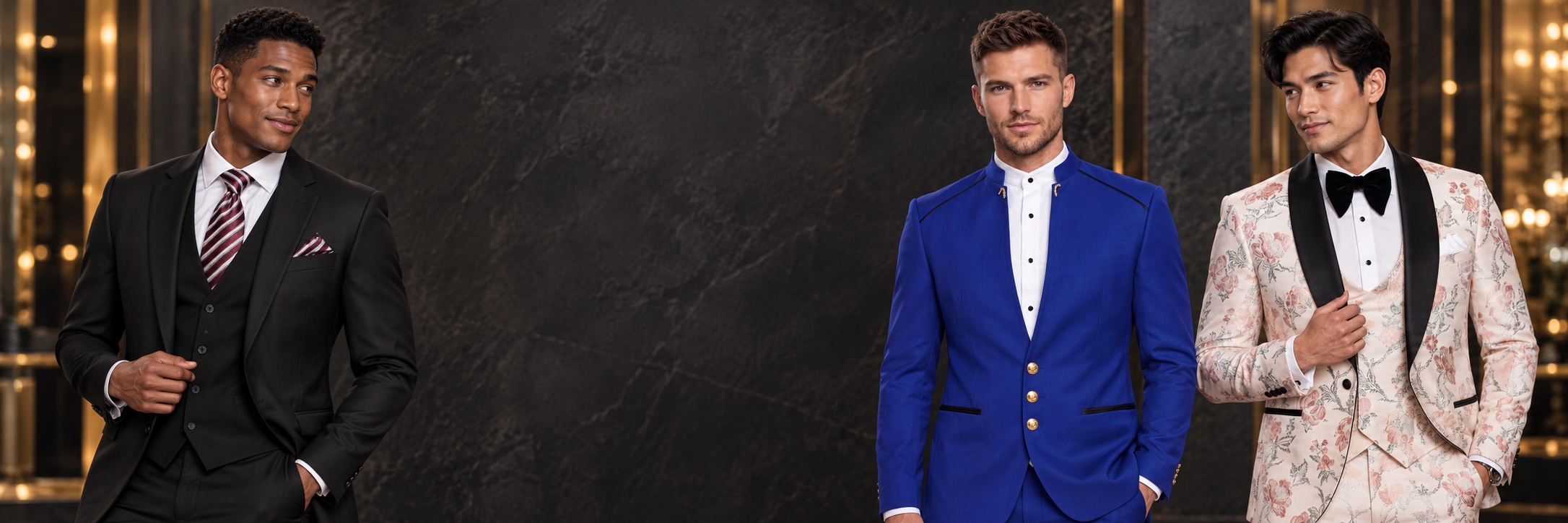Prom Suits & Tuxedos — Blue Mandarin, Classic Black Three Piece and Rose Gold Florals from Gentlemansguru.com Three models wearing prom suits and tuxedos: a classic black three-piece suit, royal blue Mandarin collar suit and rose-gold floral tuxedo from Gentlemansguru.com