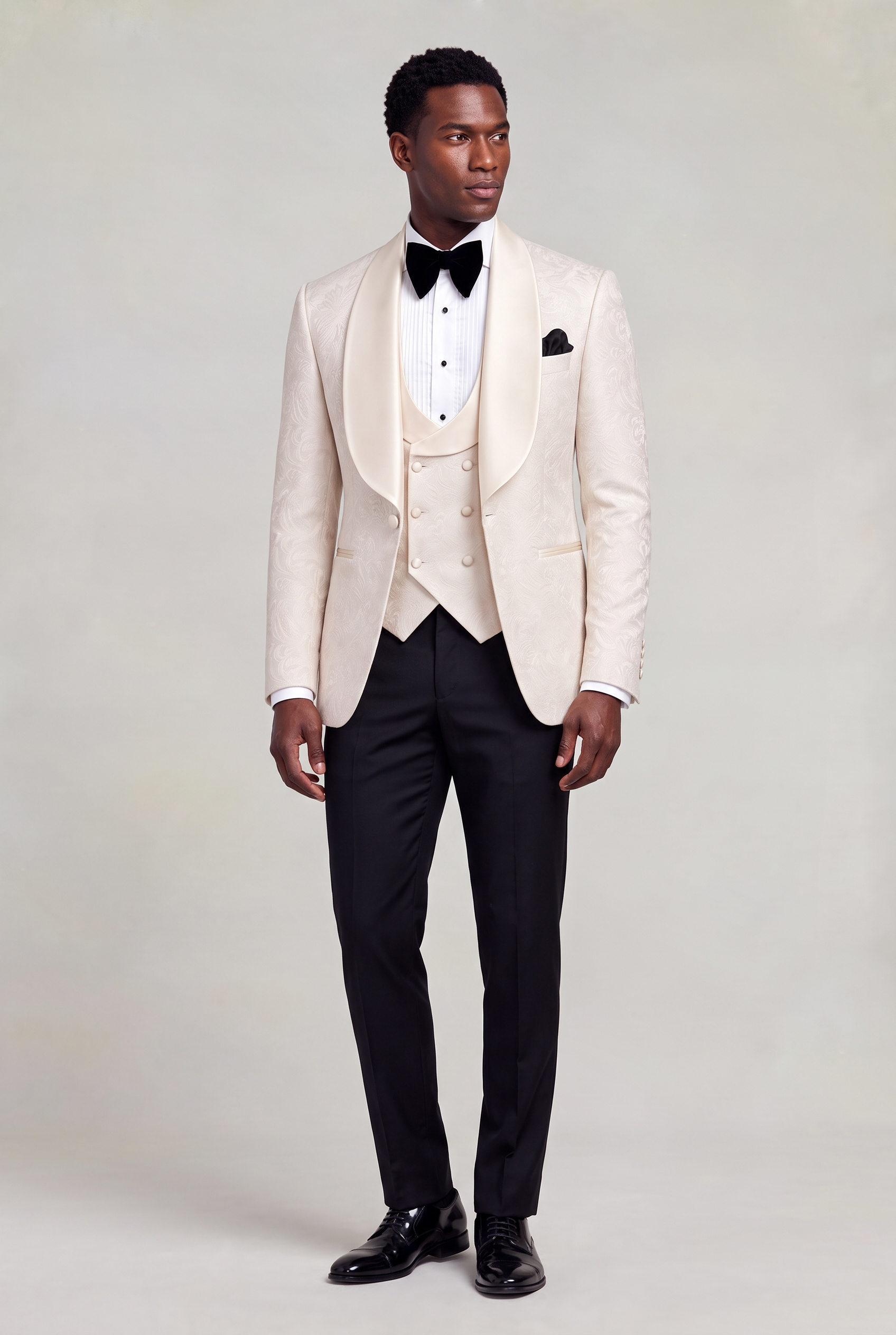 All Champagne Tuxedo Black Trousers Full Body Standing from Gentlemansguru.com