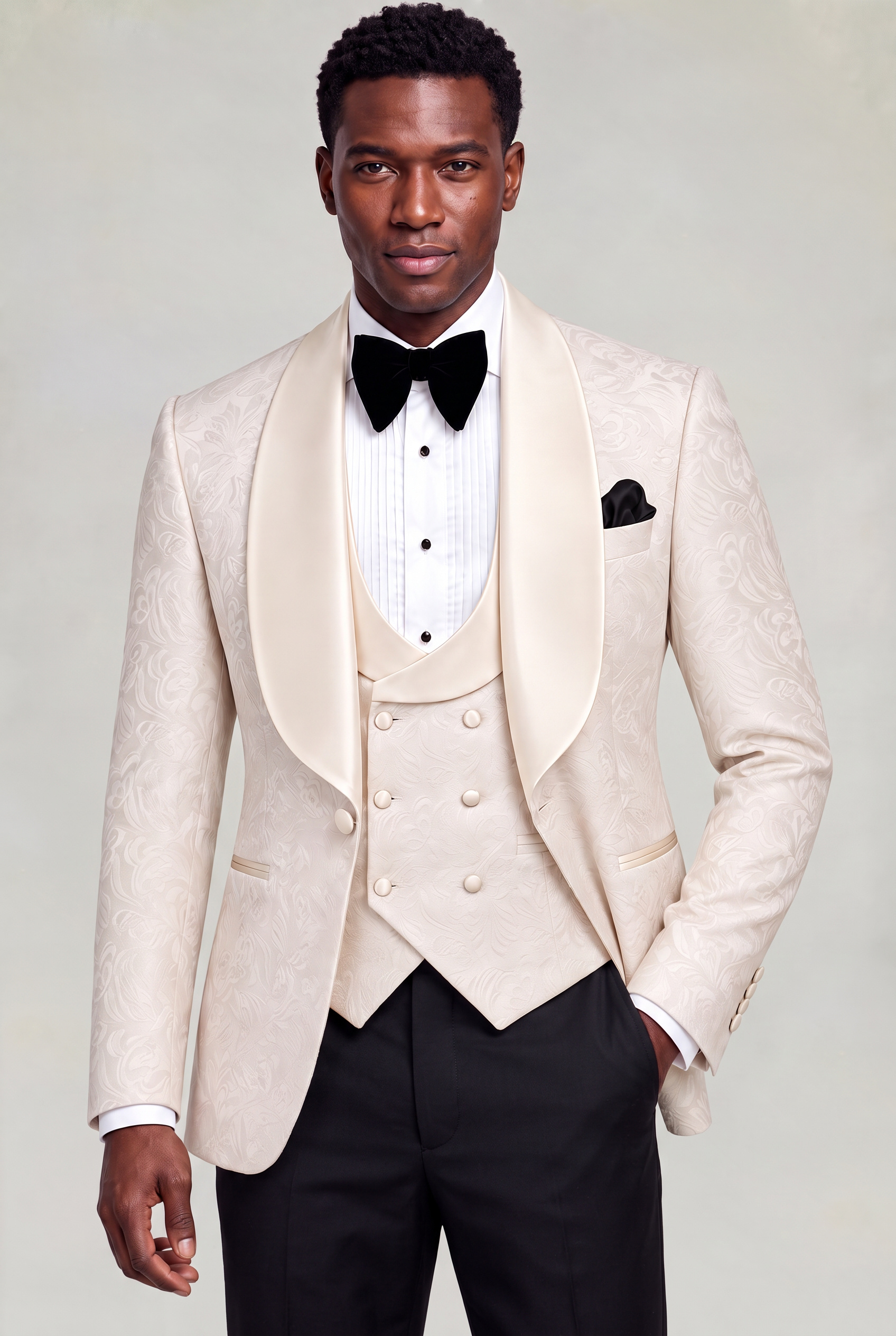 All Champagne Tuxedo Black Trousers Jacket Length Portrait from Gentlemansguru.com