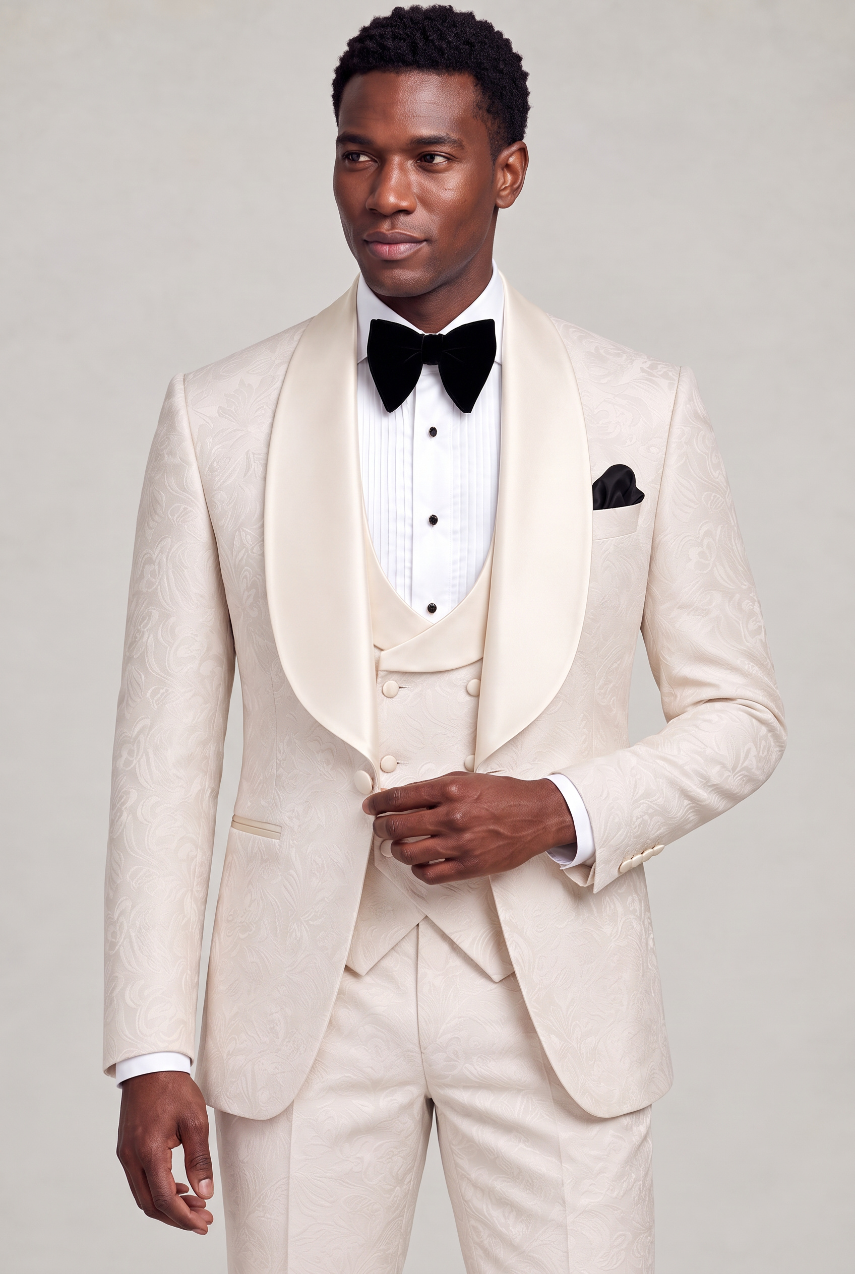 All Champagne Tuxedo Side Front Jacket Styling Portrait from Gentlemansguru.com