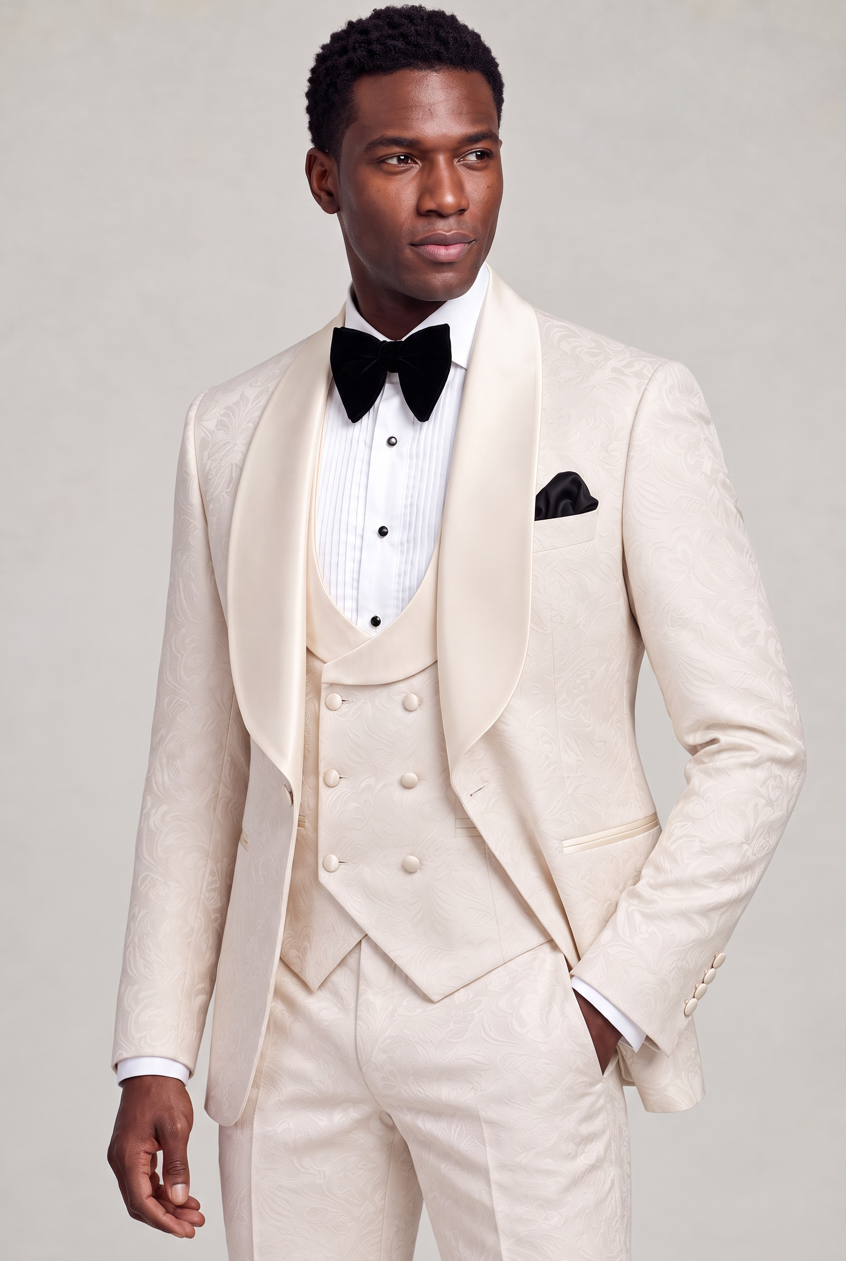 All Champagne Tuxedo Side Front Lapel and Cuff Portrait from Gentlemansguru.com