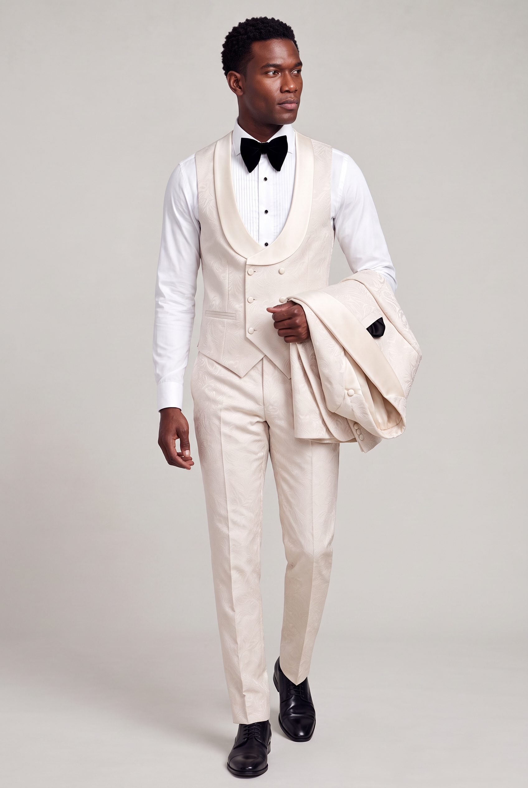 All Champagne Tuxedo Six Button Vest Full Body Carrying Jacket from Gentlemansguru.com