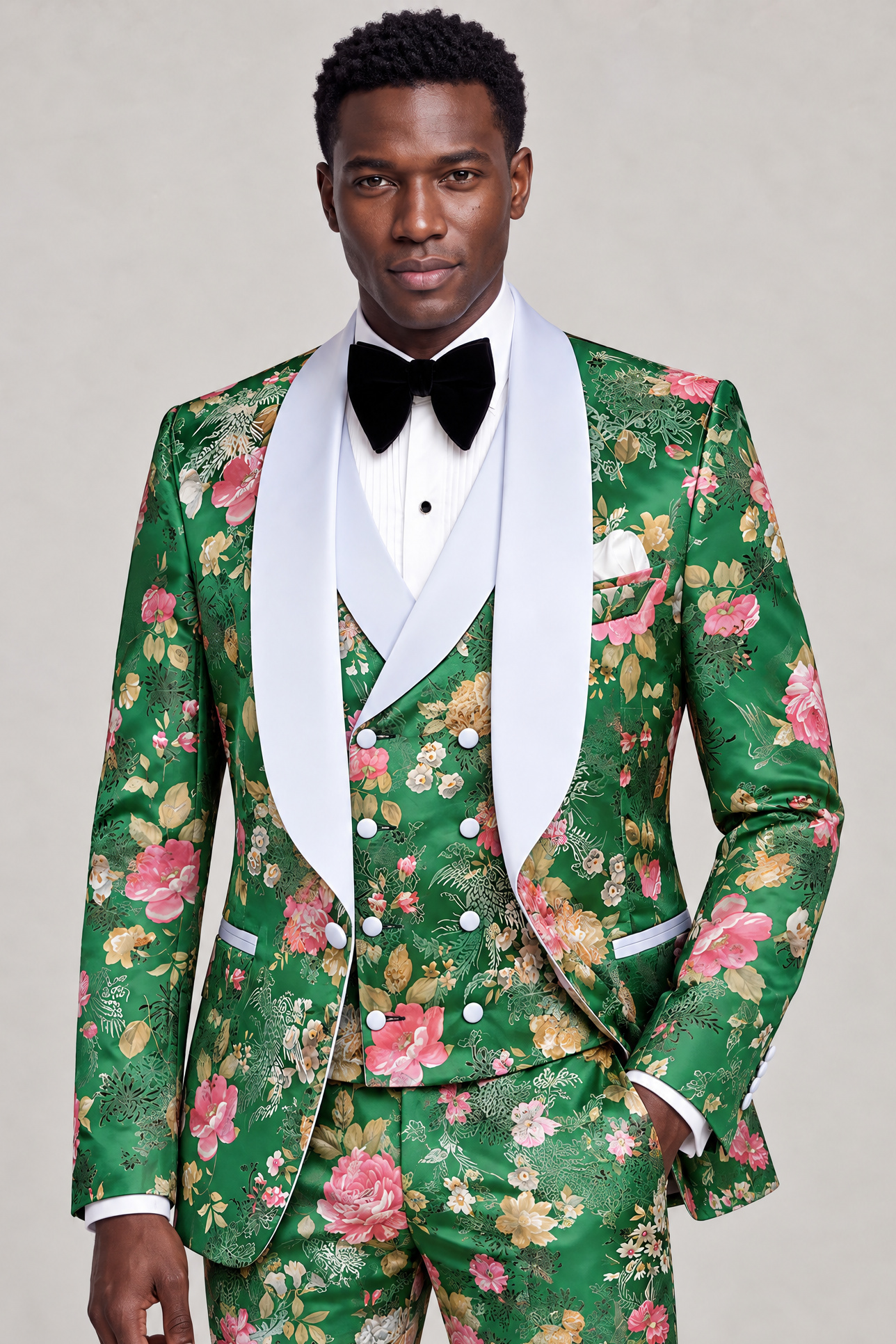 Floral Green Tuxedo Cropped Jacket Length Thumbnail from Gentlemansguru.com