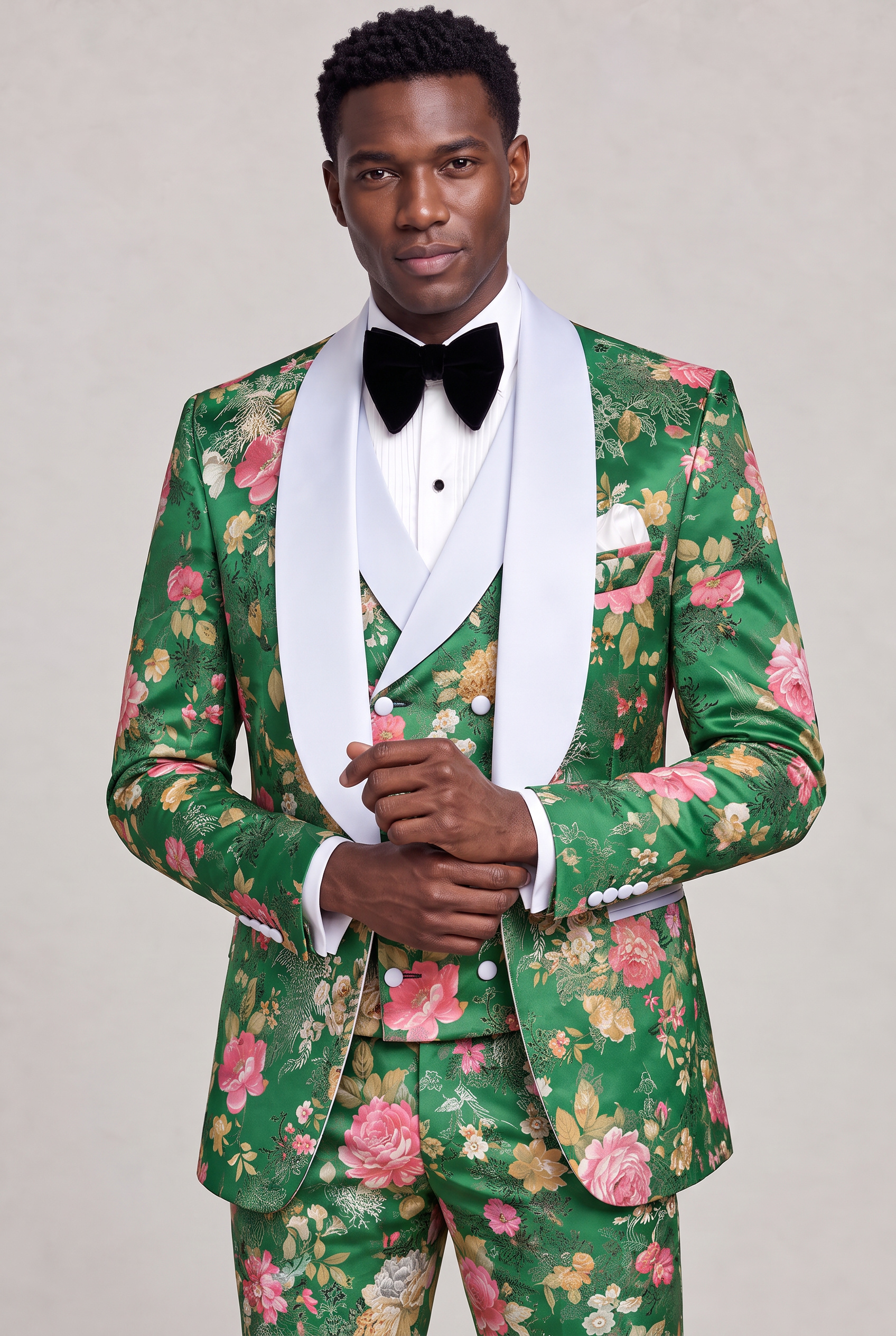 Floral Green Tuxedo Jacket Length Cuff Styling Portrait from Gentlemansguru.com