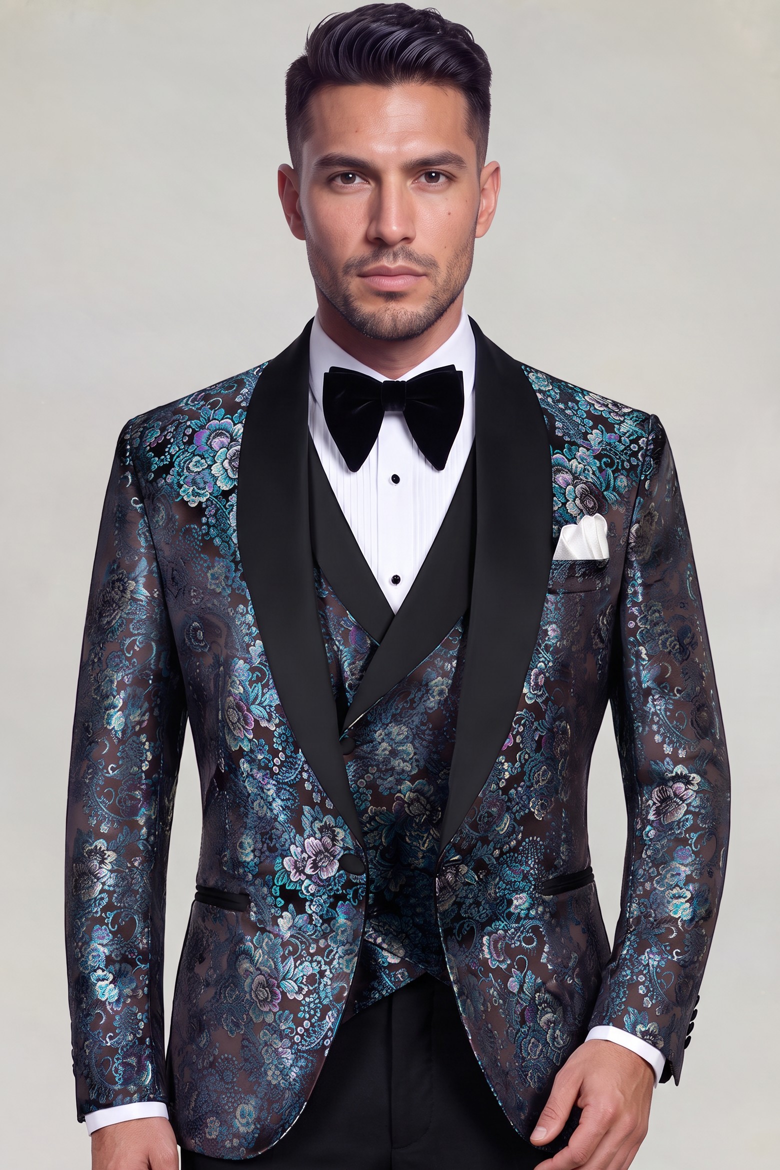 Floral mint green three-piece tuxedo with broad satin shawl lapels