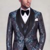 Floral tuxedo jacket with satin shawl lapels and plain trousers