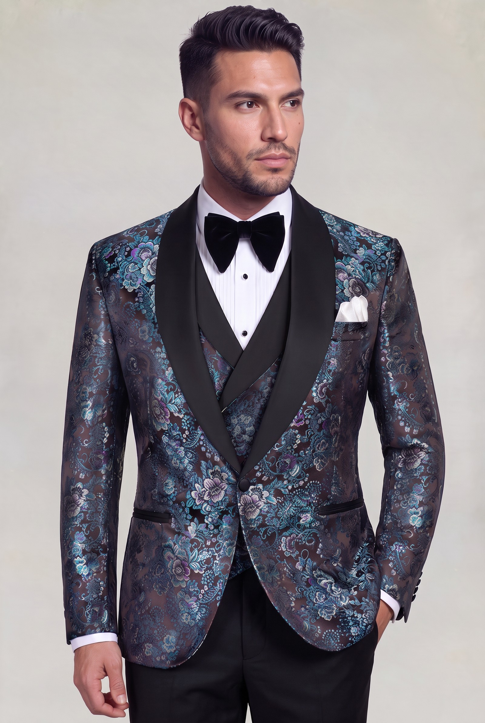 Floral tuxedo jacket with satin shawl lapels and plain trousers