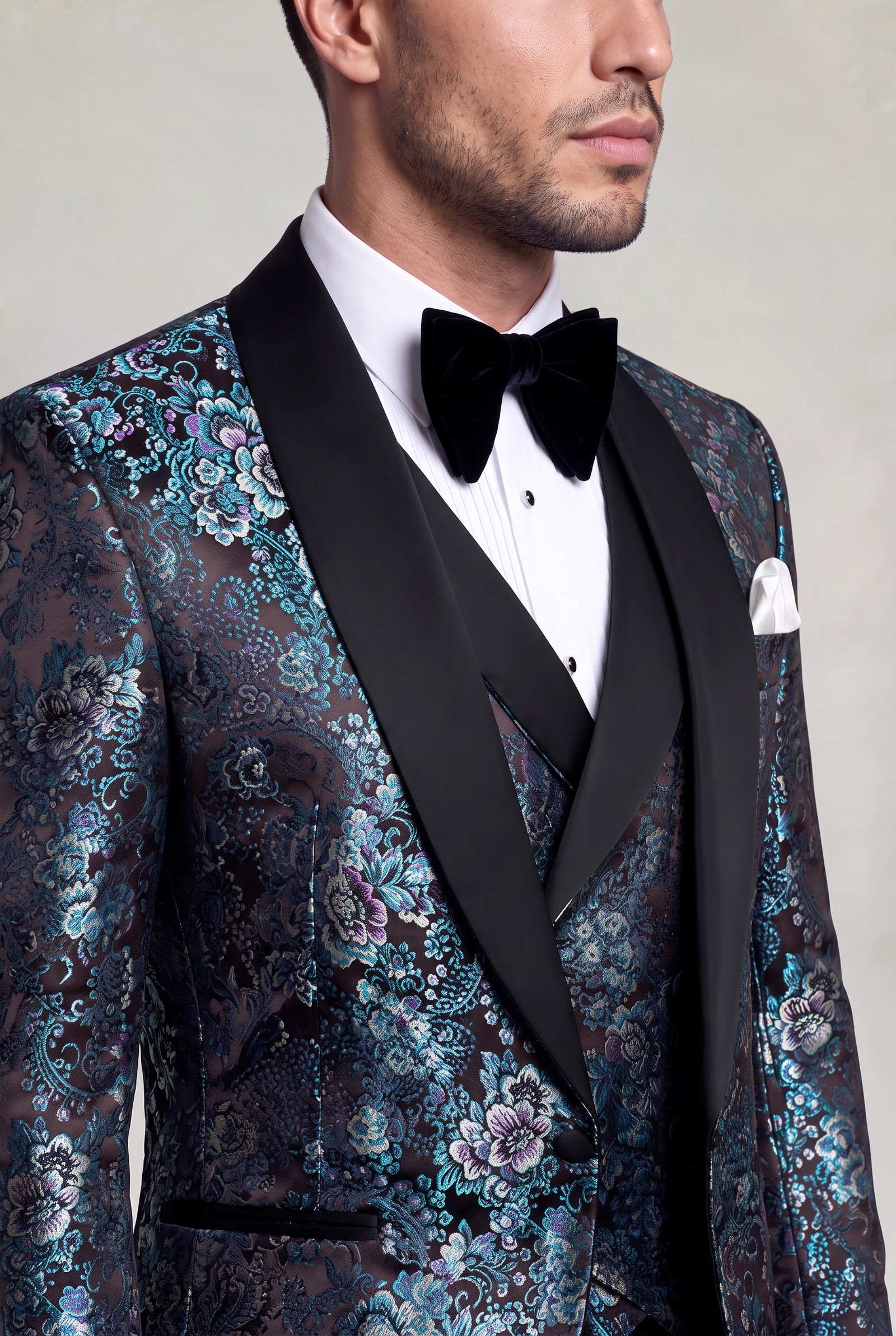 Close-up of floral tuxedo fabric, satin shawl lapel and white pocket square