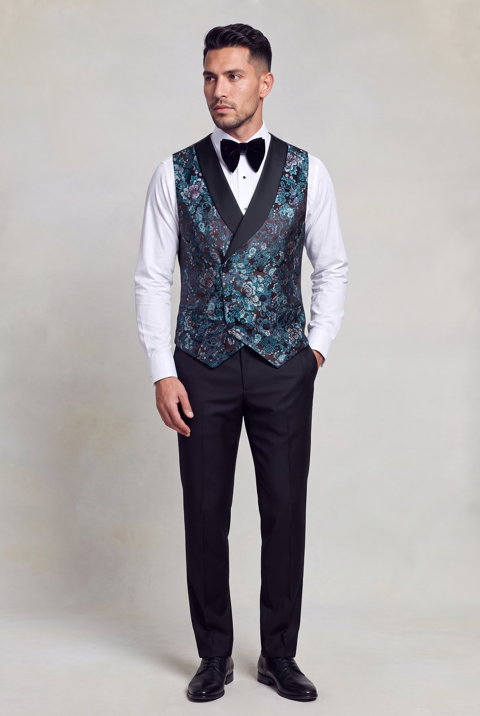 Full-length floral waistcoat with plain black dress trousers