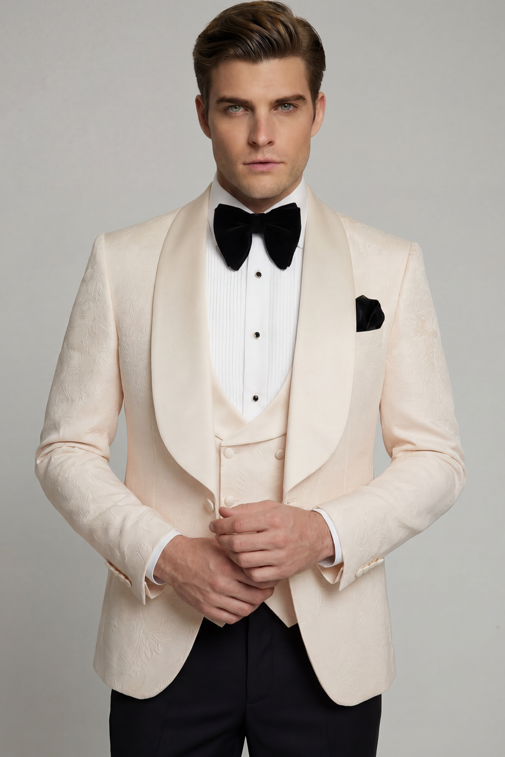 Mens-Champagne-and-Black-Tuxedo-Groom-Wedding-Suit-from-Gentlemansguru.com