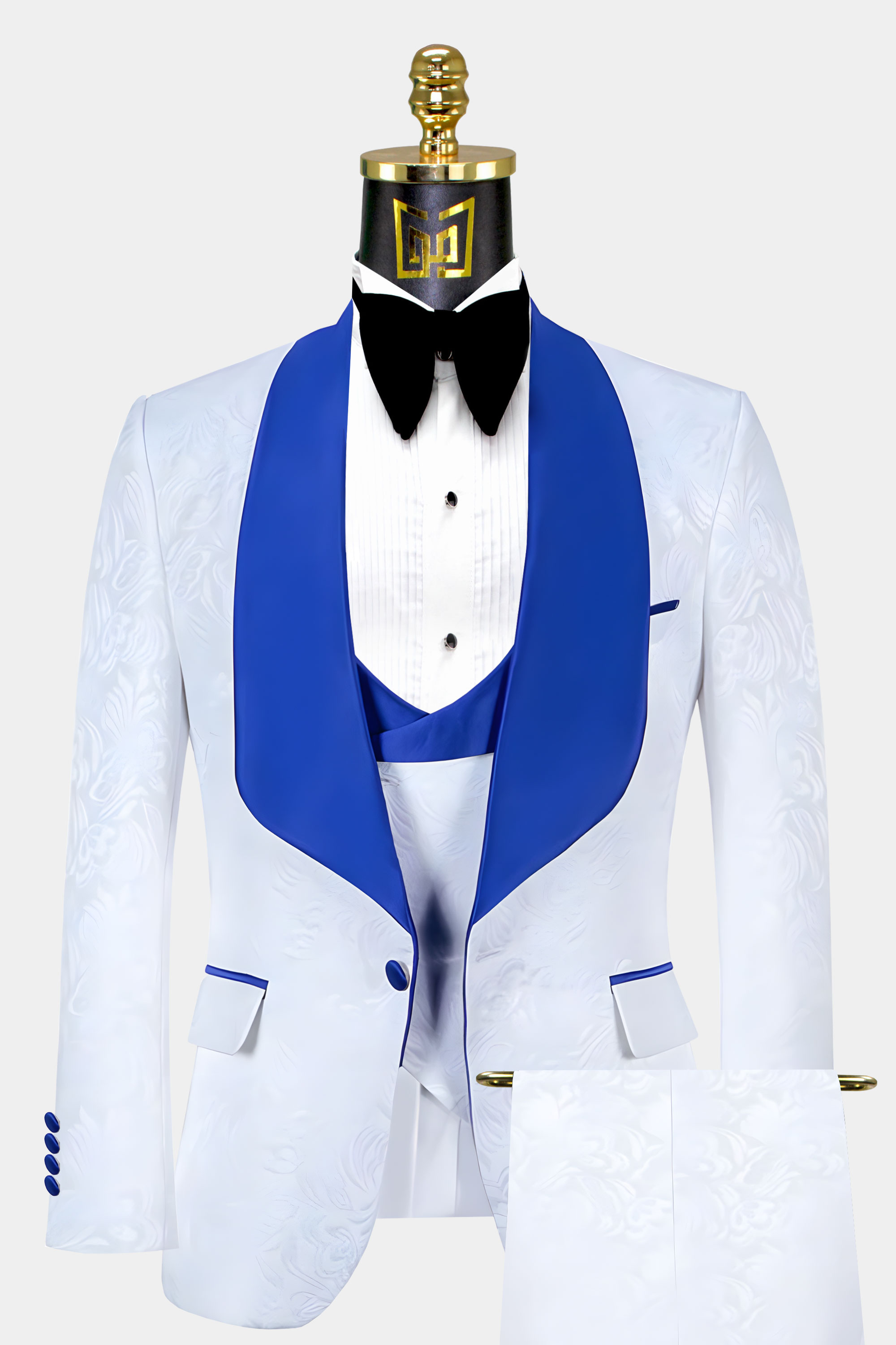 White Floral Tuxedo with Royal Blue Trim - 3 Piece