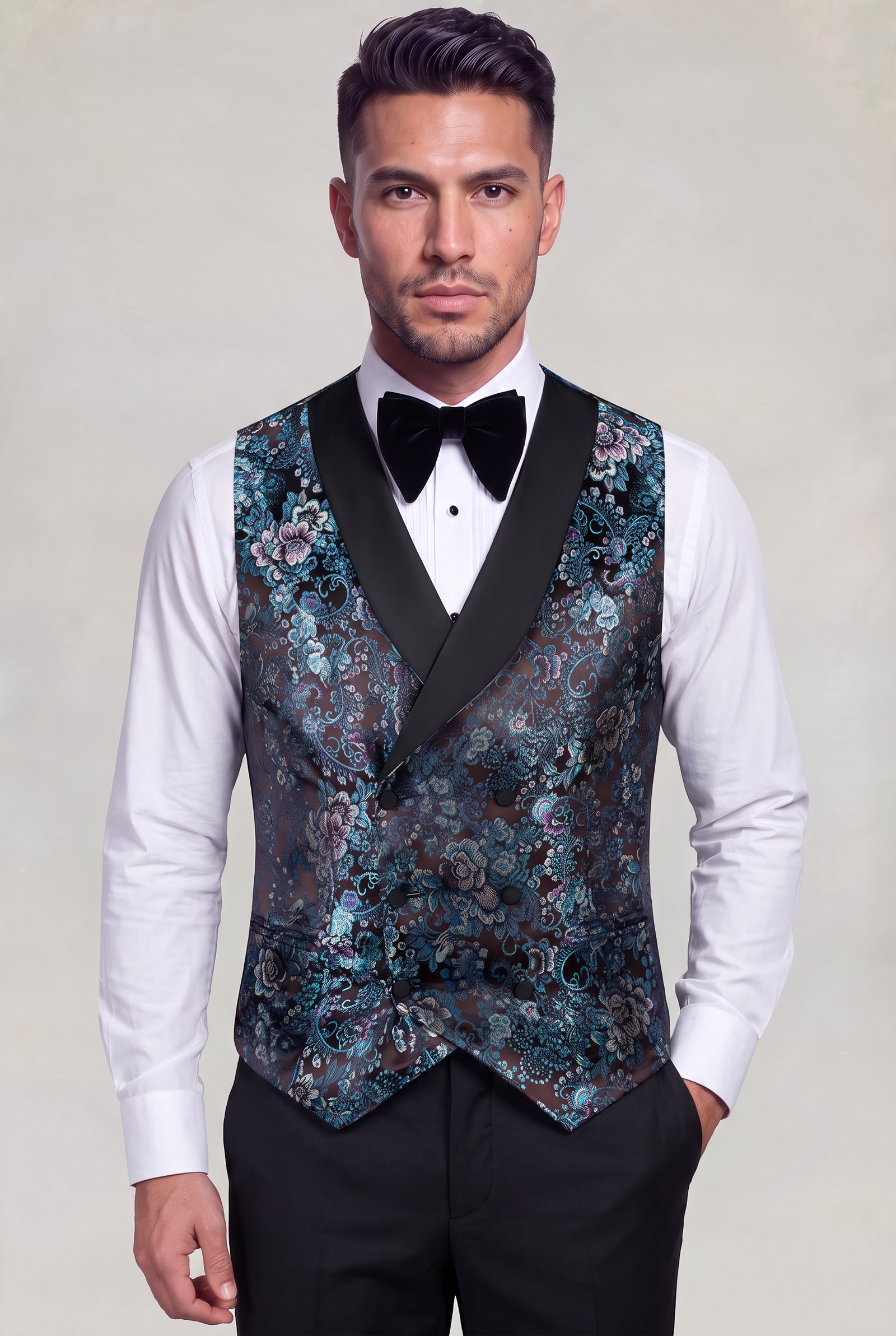 Double-breasted floral waistcoat with satin shawl collar