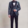 Full-body mint green floral three-piece tuxedo with plain trousers
