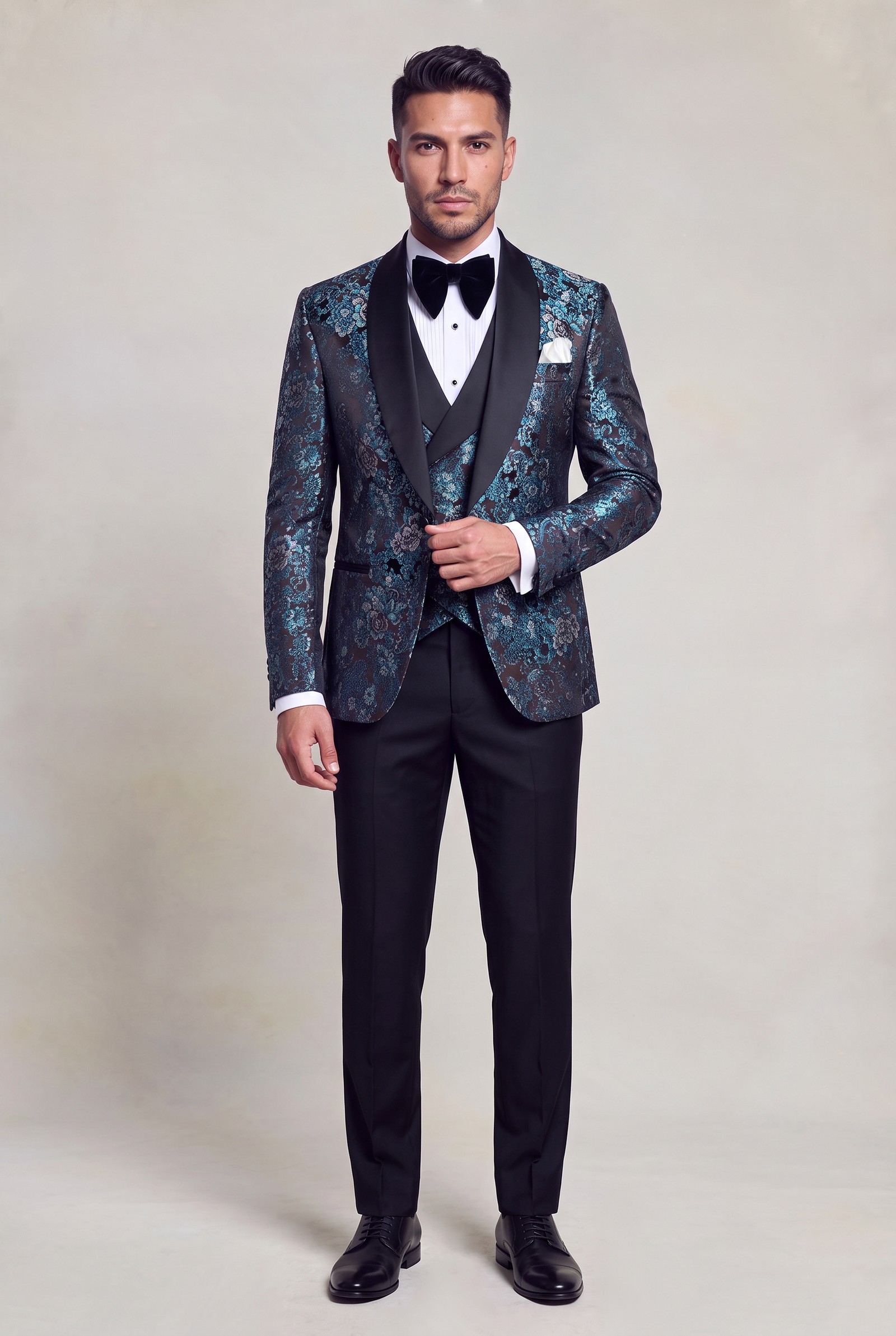Full-body mint green floral three-piece tuxedo with plain trousers