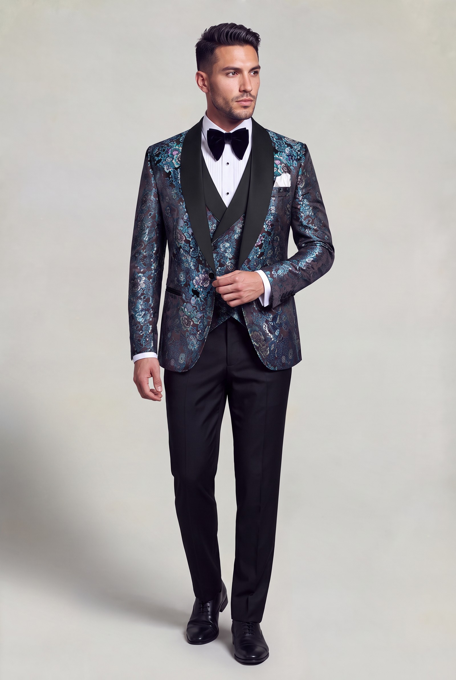 Mint green floral tuxedo in a natural full-length movement pose