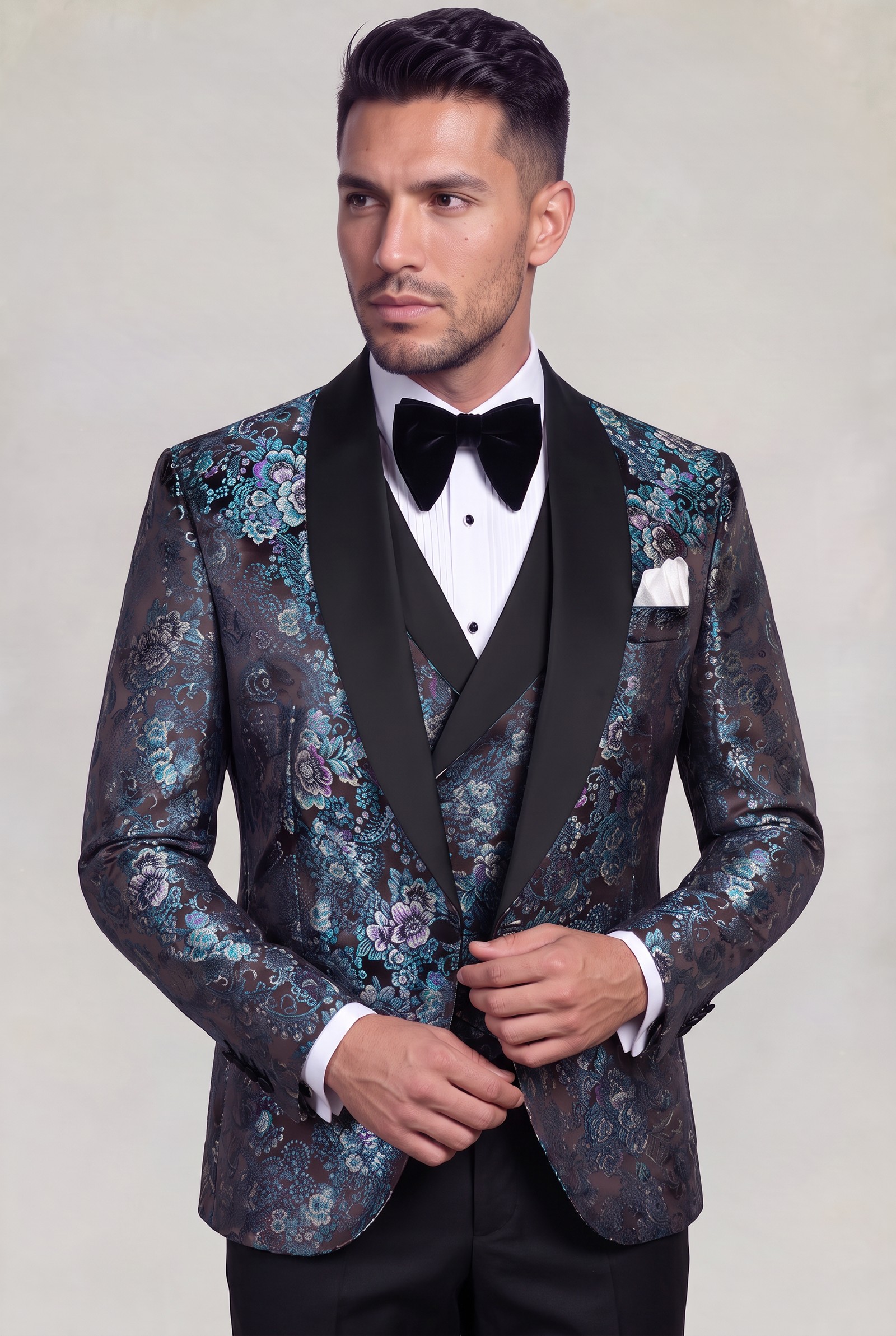 Mint green floral tuxedo jacket and matching waistcoat in a relaxed cuff pose